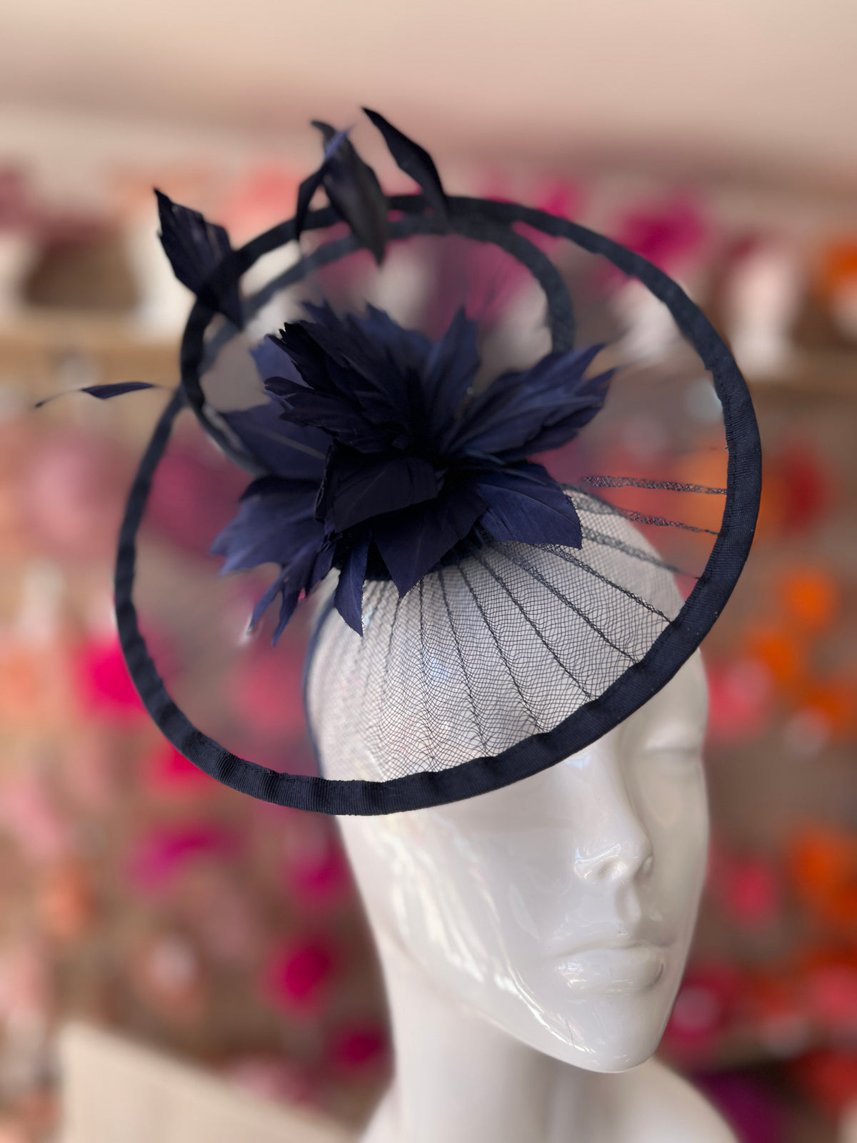 Navy Pleated Spiral Fascinator With Feather Flower-Fascinators Direct