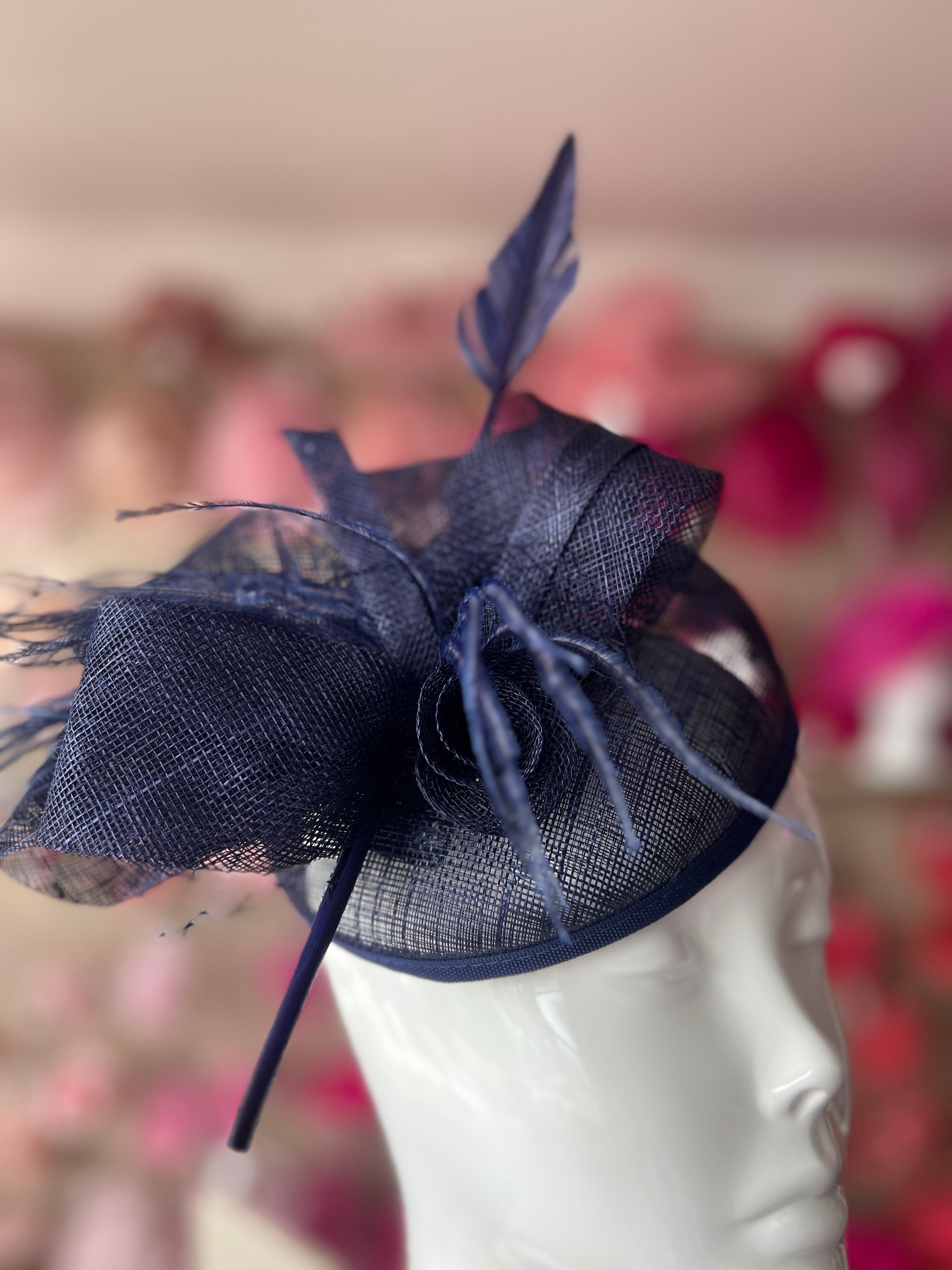 Navy Quill Fascinator Hat with Feathers Loops for Weddings Races