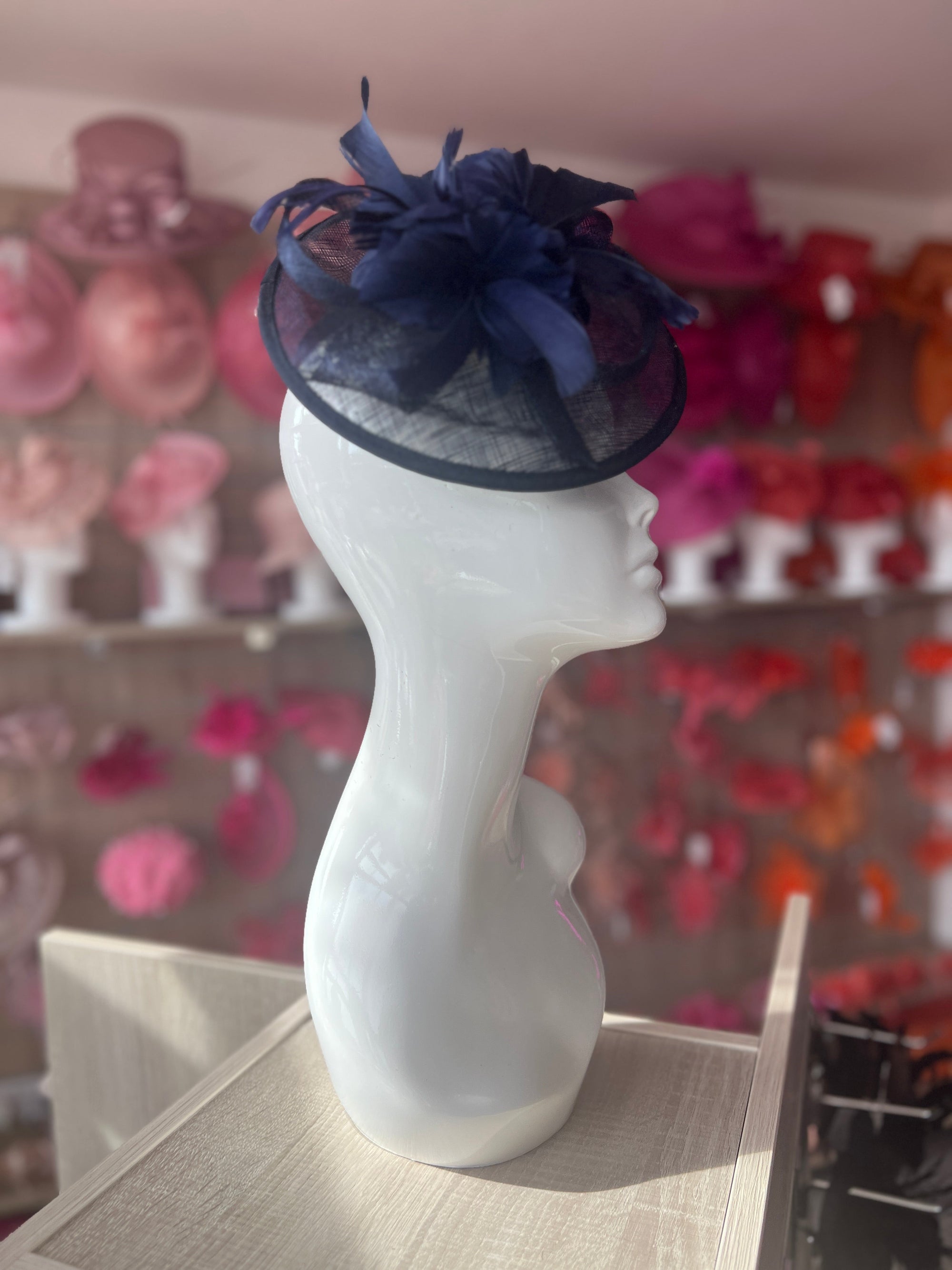 Navy Round Fascinator With Spiral loops & Feather Flowers-Fascinators Direct