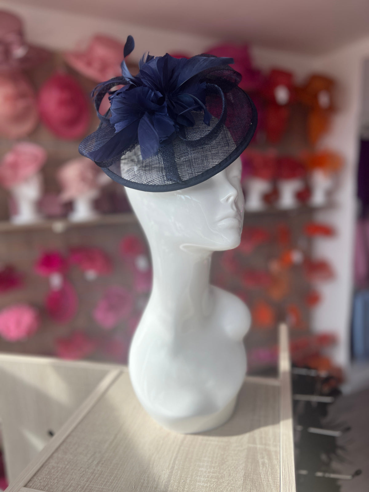 Navy Round Fascinator With Spiral loops &amp; Feather Flowers-Fascinators Direct