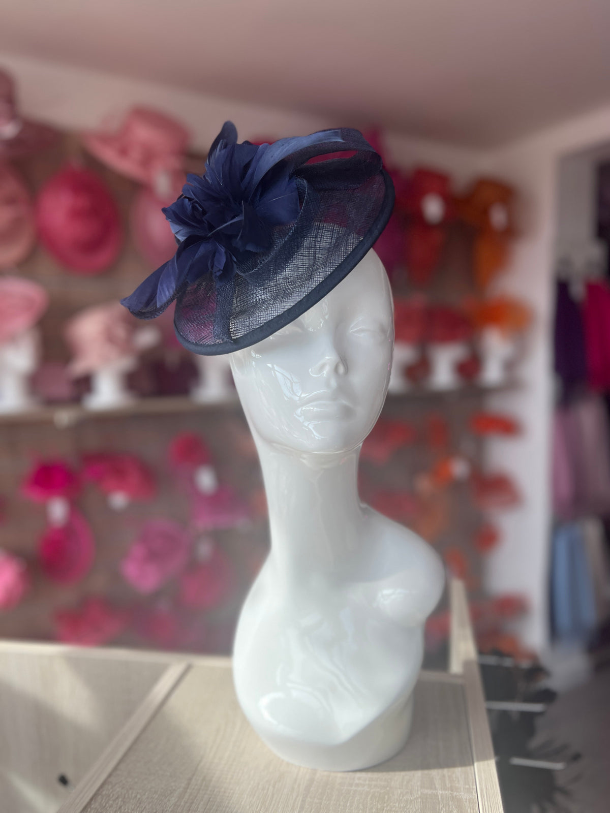 Navy Round Fascinator With Spiral loops &amp; Feather Flowers-Fascinators Direct