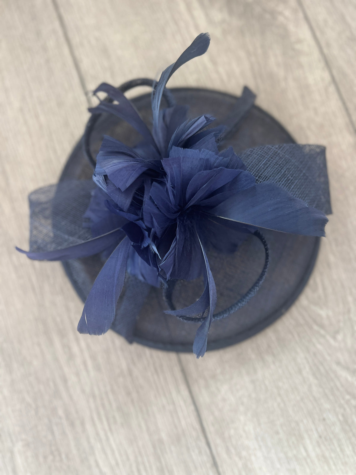 Navy Round Fascinator With Spiral loops &amp; Feather Flowers-Fascinators Direct