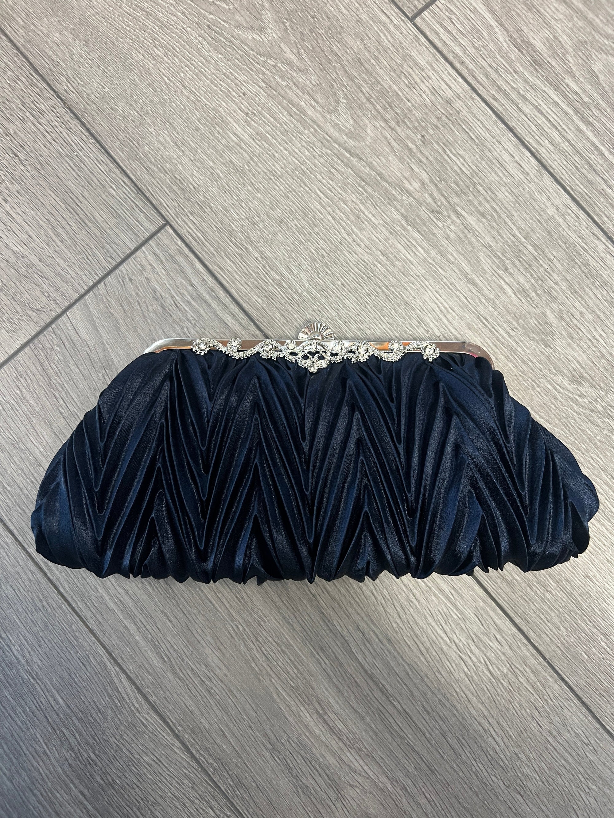 Navy Satin Art Deco Detail Clutch Bag-Fascinators Direct