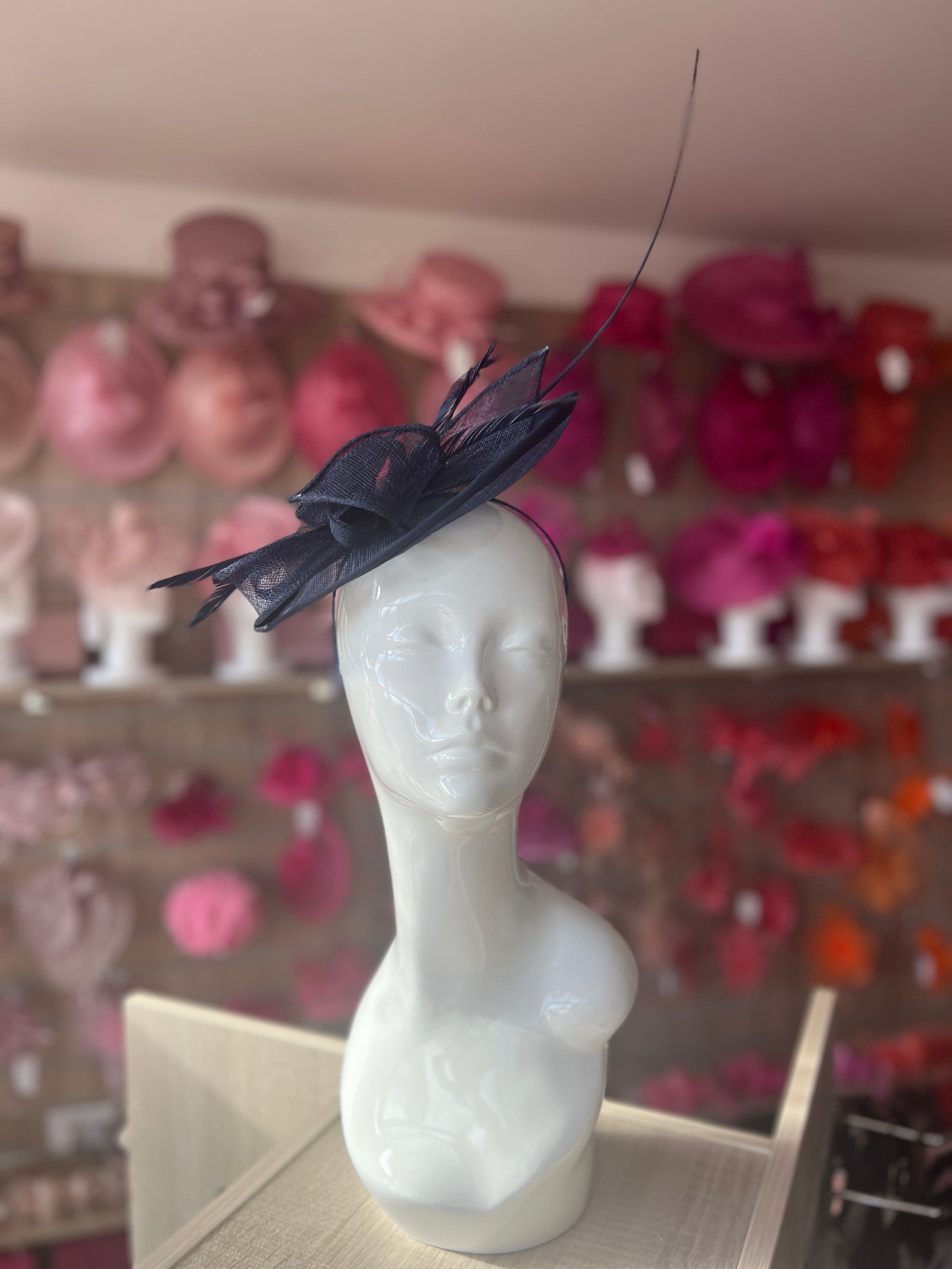 Navy Saucer Fascinator With Flower & Quill-Fascinators Direct