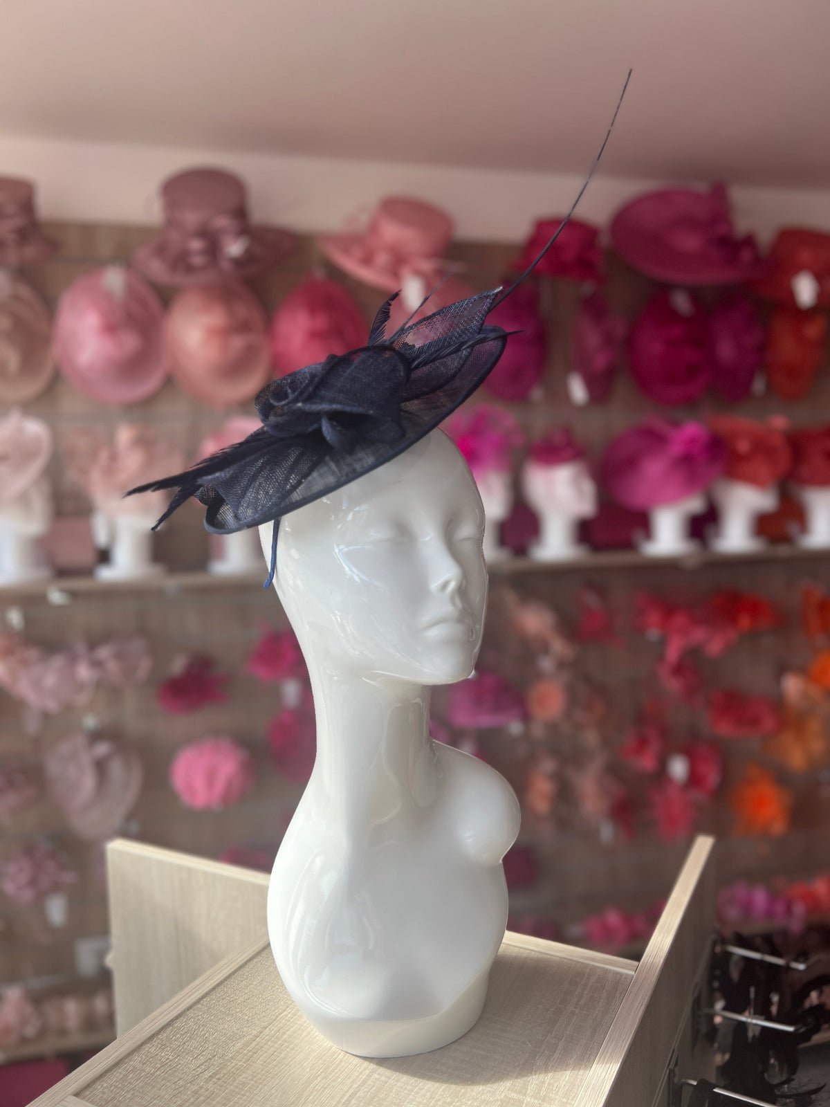 Navy Saucer Fascinator With Flower &amp; Quill-Fascinators Direct