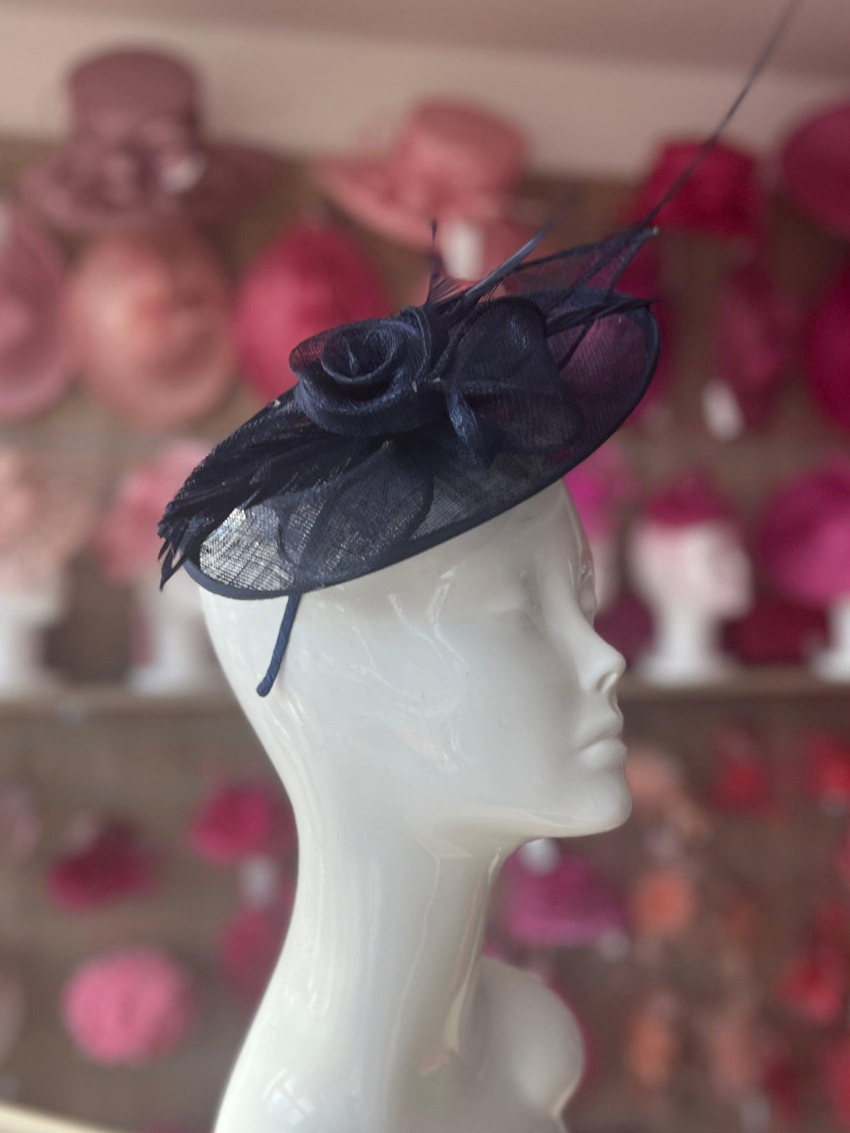 Navy Saucer Fascinator With Flower &amp; Quill-Fascinators Direct