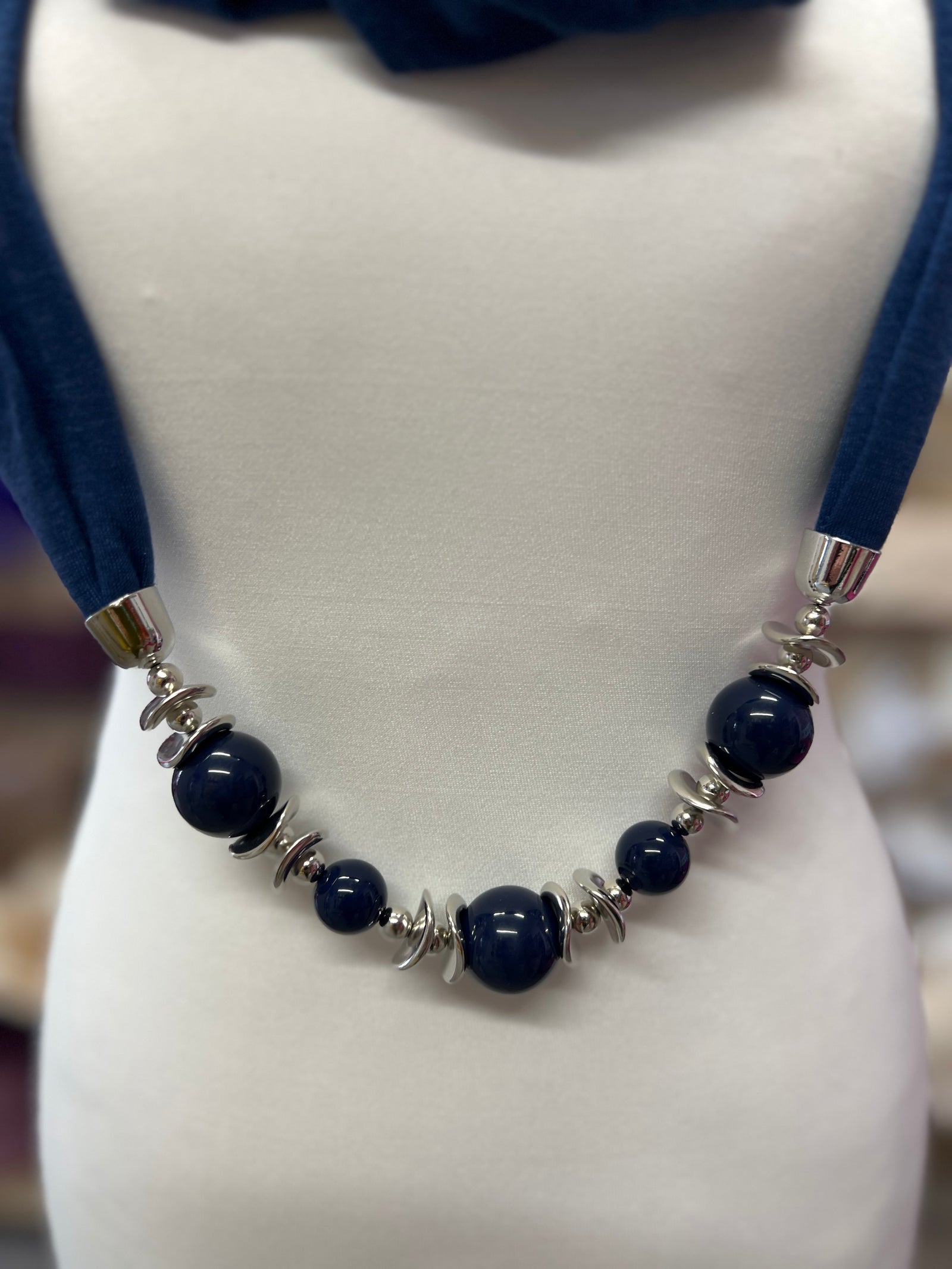Navy Scarf Necklace With Beads-Fascinators Direct