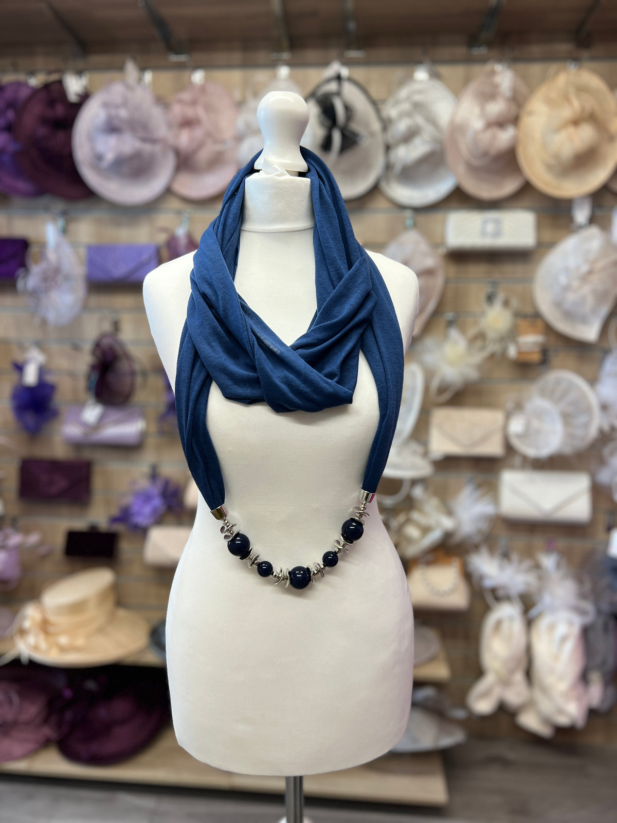 Navy Scarf Necklace With Beads-Fascinators Direct