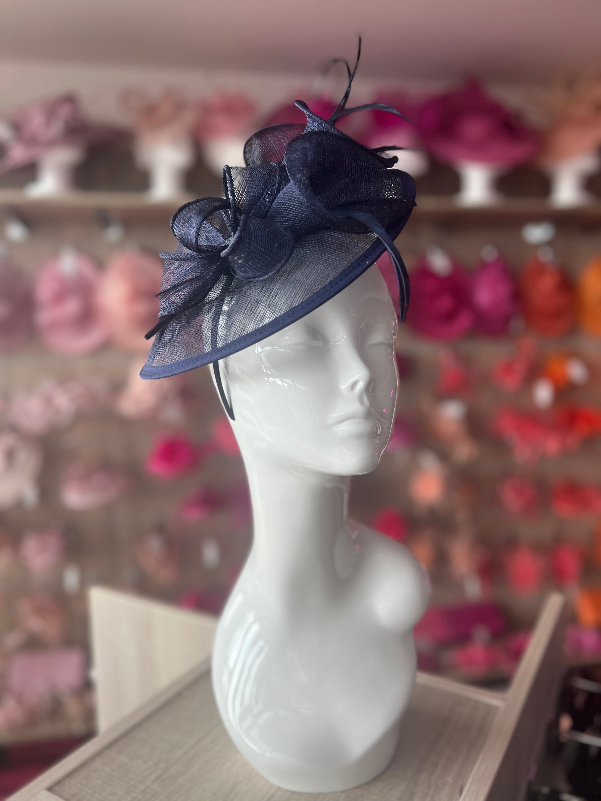 Navy Sinamay Petunia Flower Fascinator With A Saucer Base-Fascinators Direct