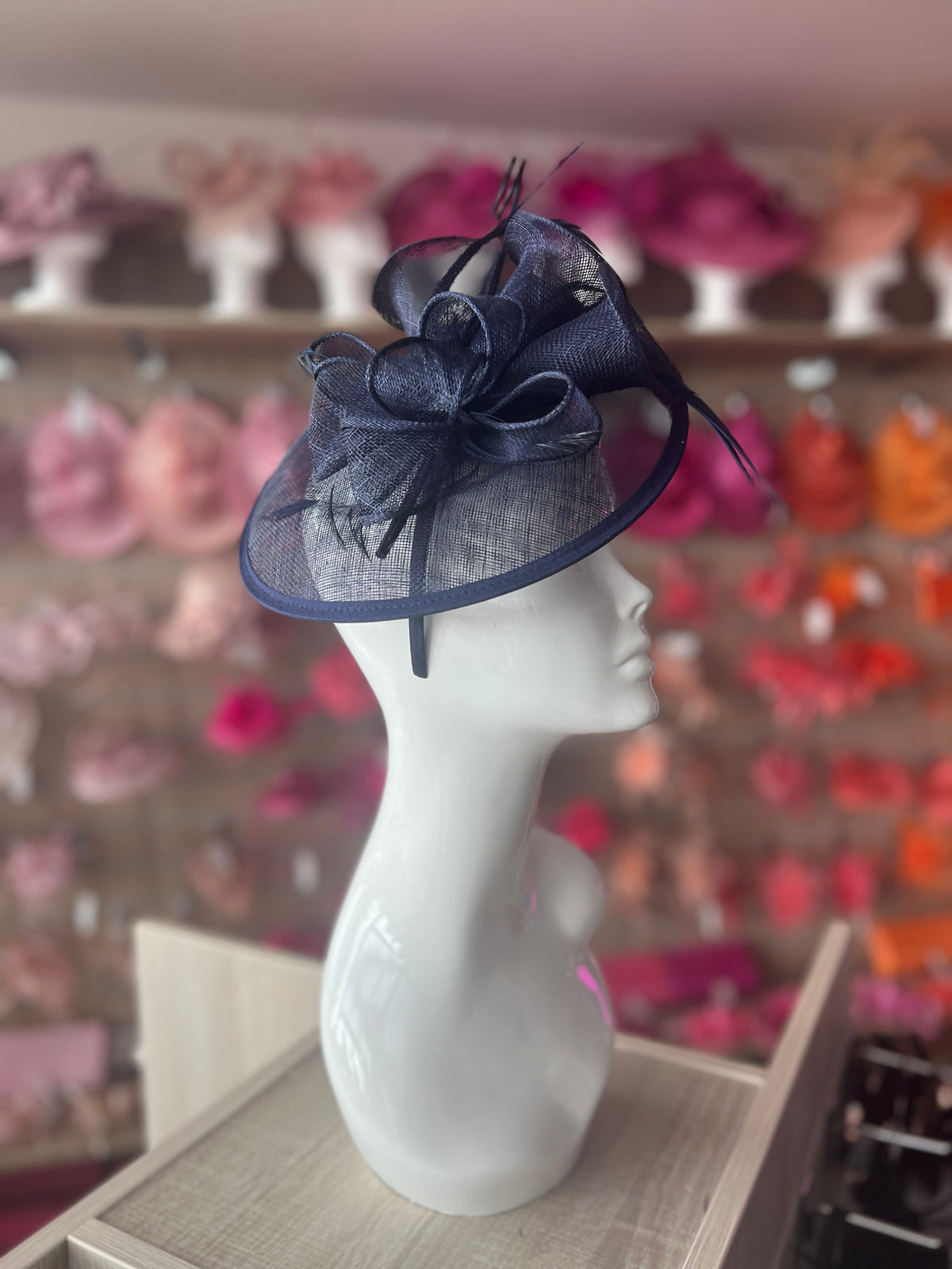 Navy Sinamay Petunia Flower Fascinator With A Saucer Base-Fascinators Direct