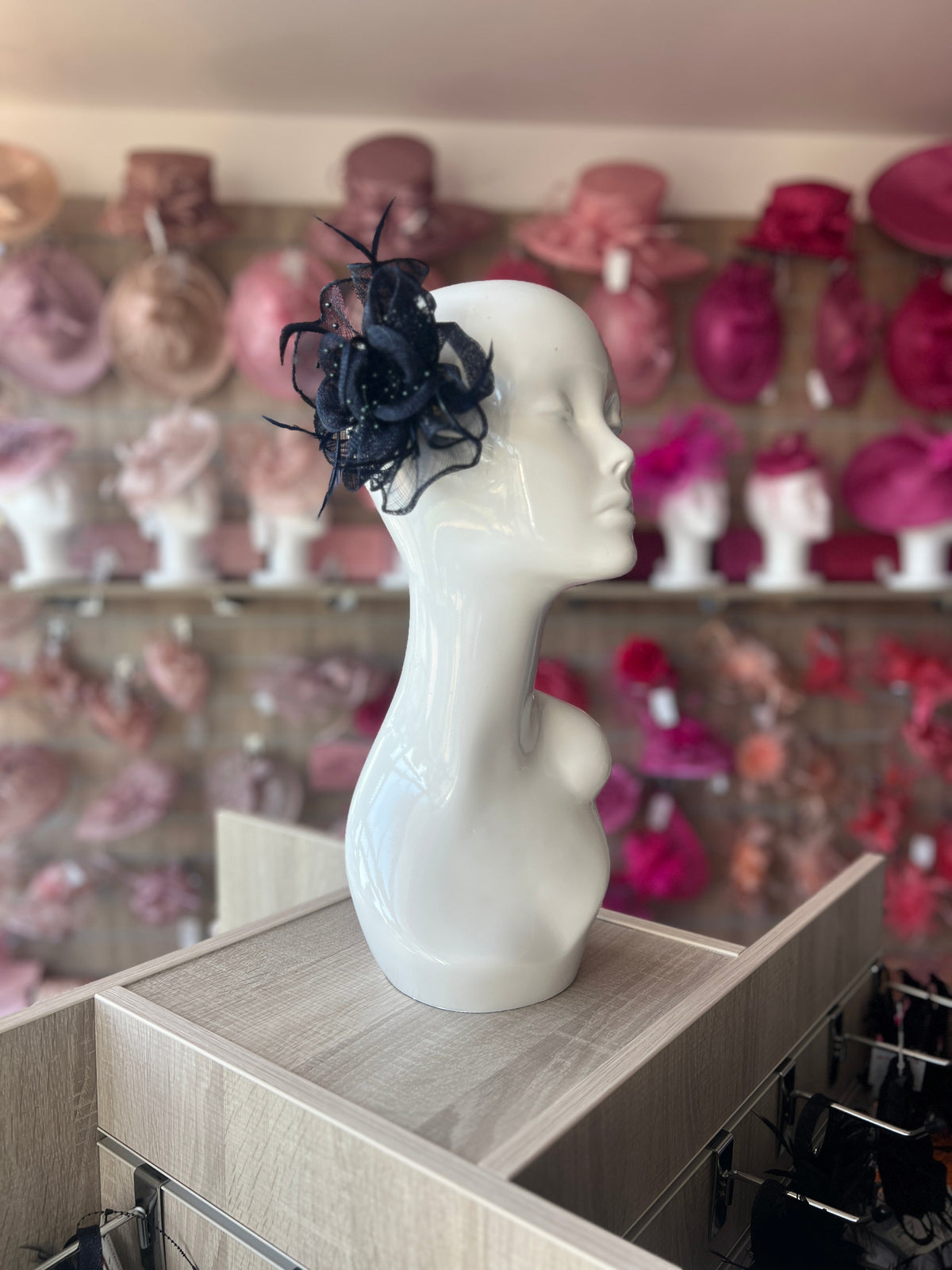 Navy Small Fascinator With Decorative Beads &amp; Feathers-Fascinators Direct