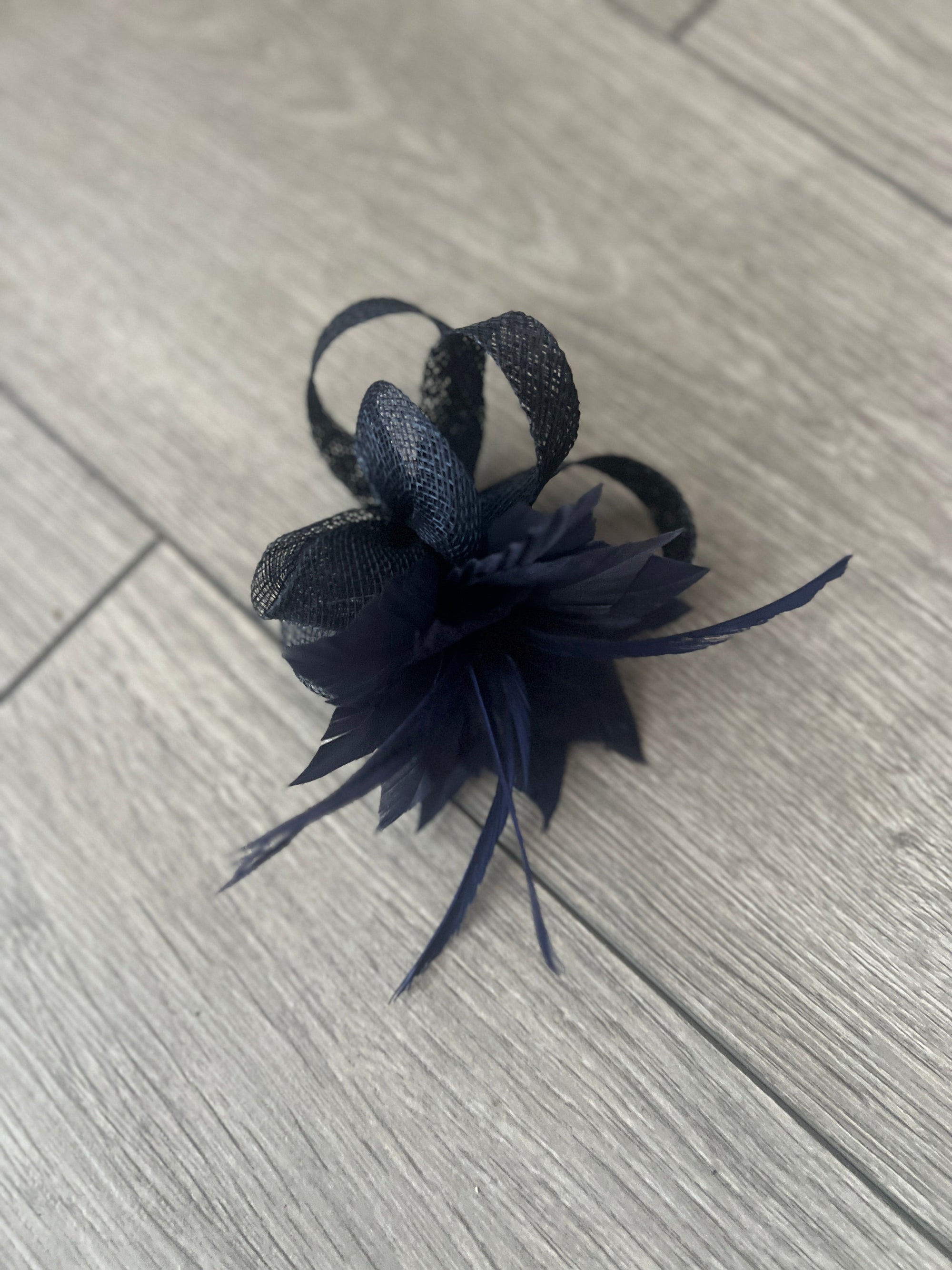 Navy Small Hair Clip Sinamay Fascinator with Feather Flower-Fascinators Direct