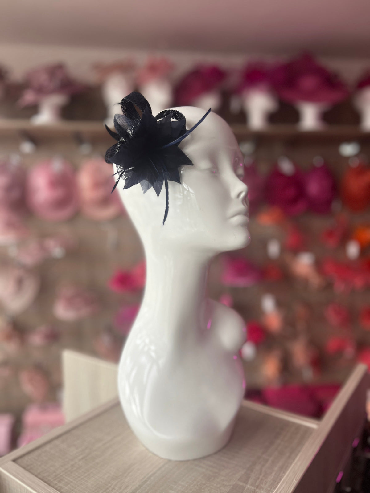 Navy Small Hair Clip Sinamay Fascinator with Feather Flower-Fascinators Direct