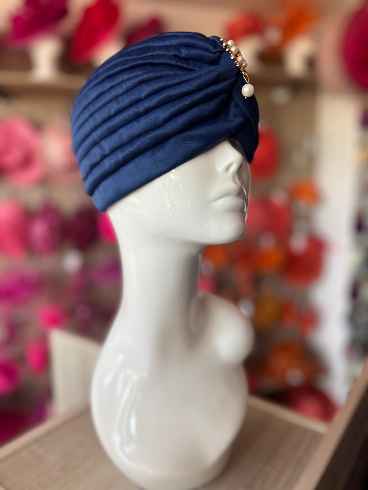 Navy Turban Hat With Diamante &amp; Pearl Embellishment-Fascinators Direct