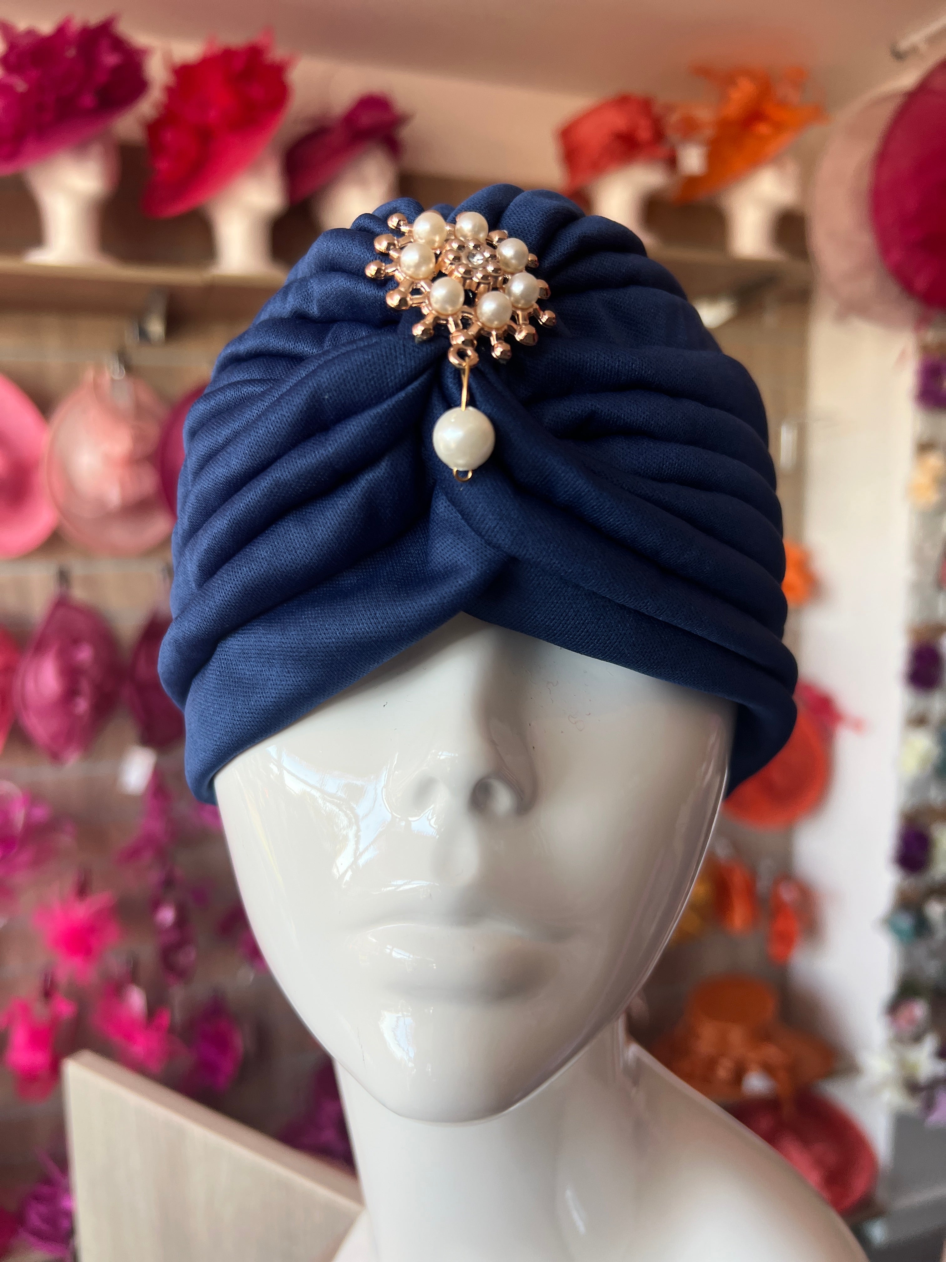 Navy Turban Hat With Diamante Pearl Embellishment - Main Image