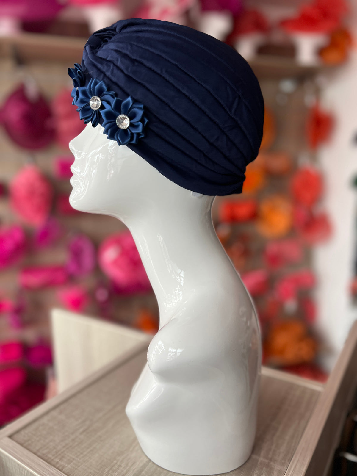 Navy Turban With 3 Embellished Flowers-Fascinators Direct