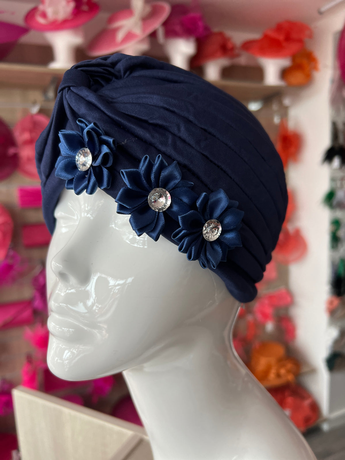 Navy Turban With 3 Embellished Flowers-Fascinators Direct
