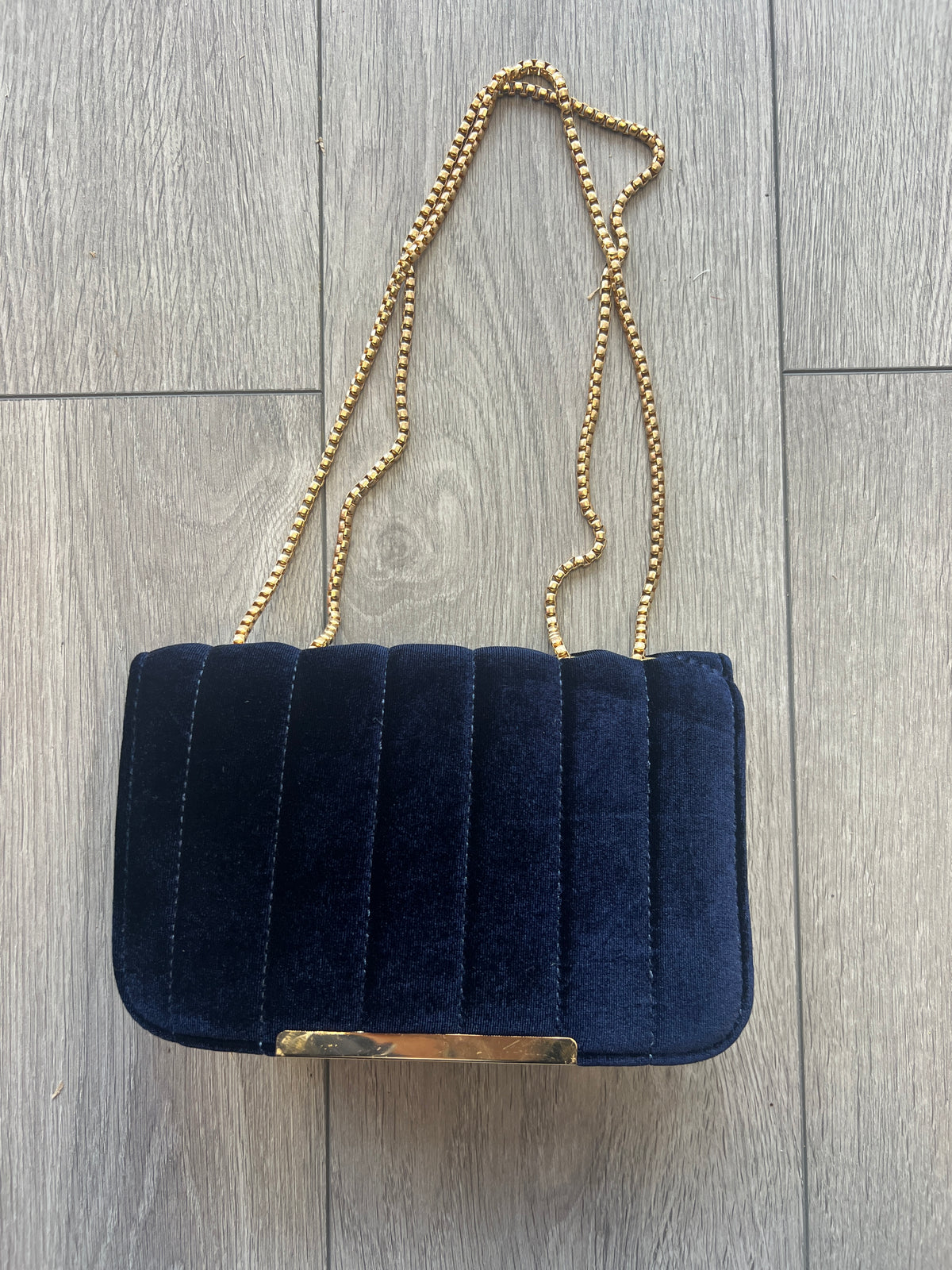 Navy Velvet Shoulder Clutch Bag With Gold Chain-Fascinators Direct