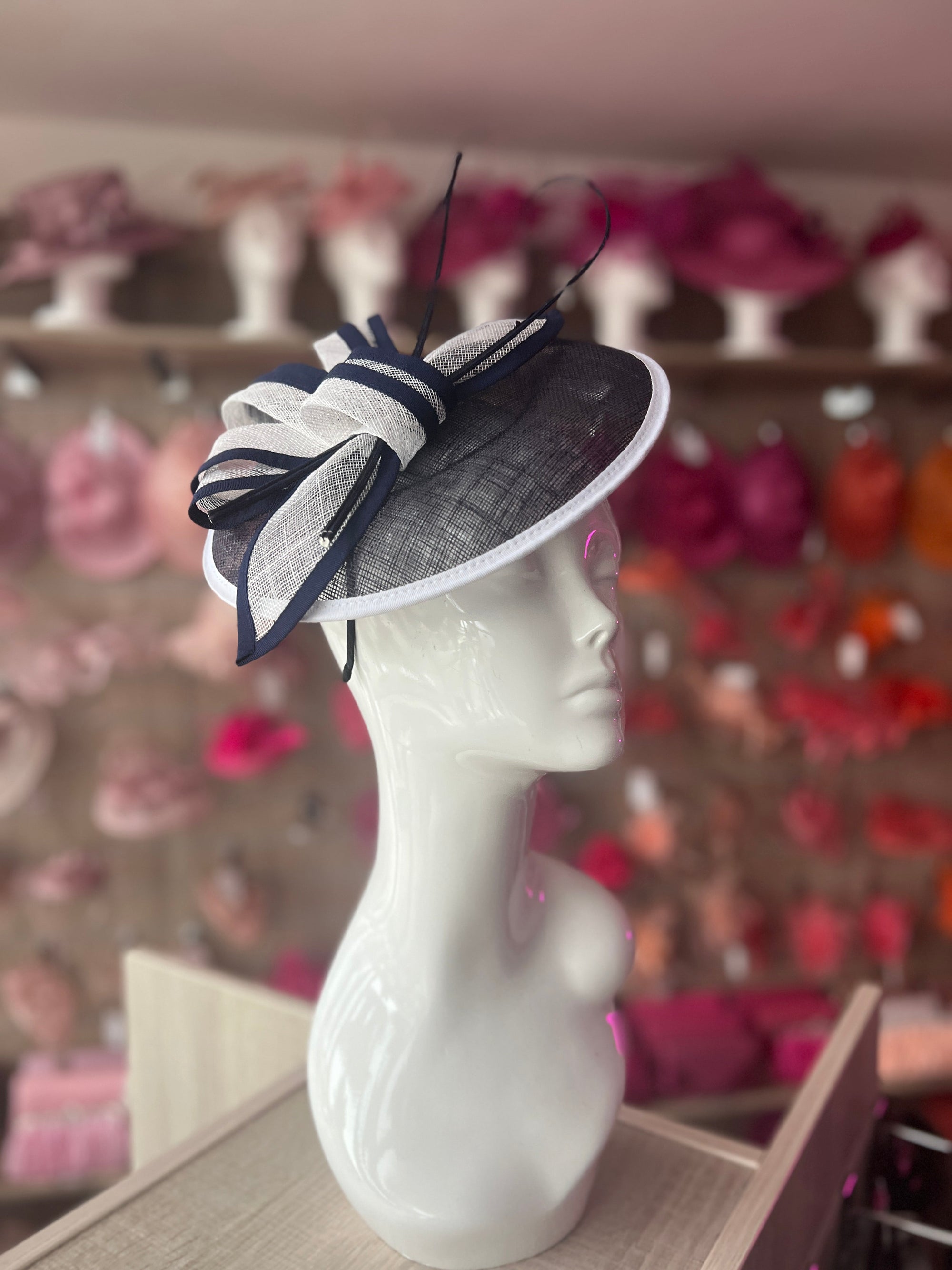 Navy & White Round Saucer Fascinator With Quills-Fascinators Direct