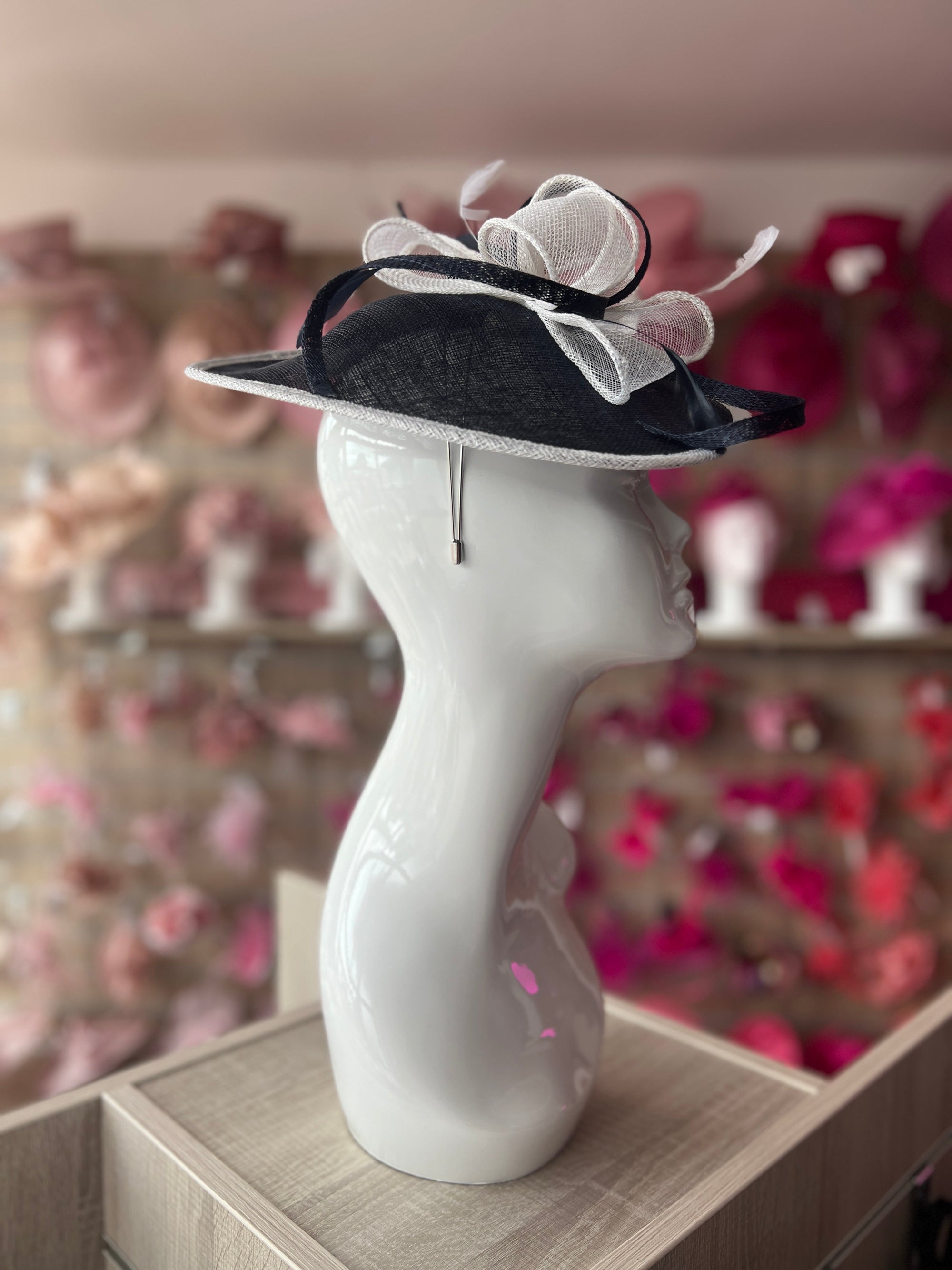 Navy & White Teardrop Disc Fascinator for Weddings & The Races
