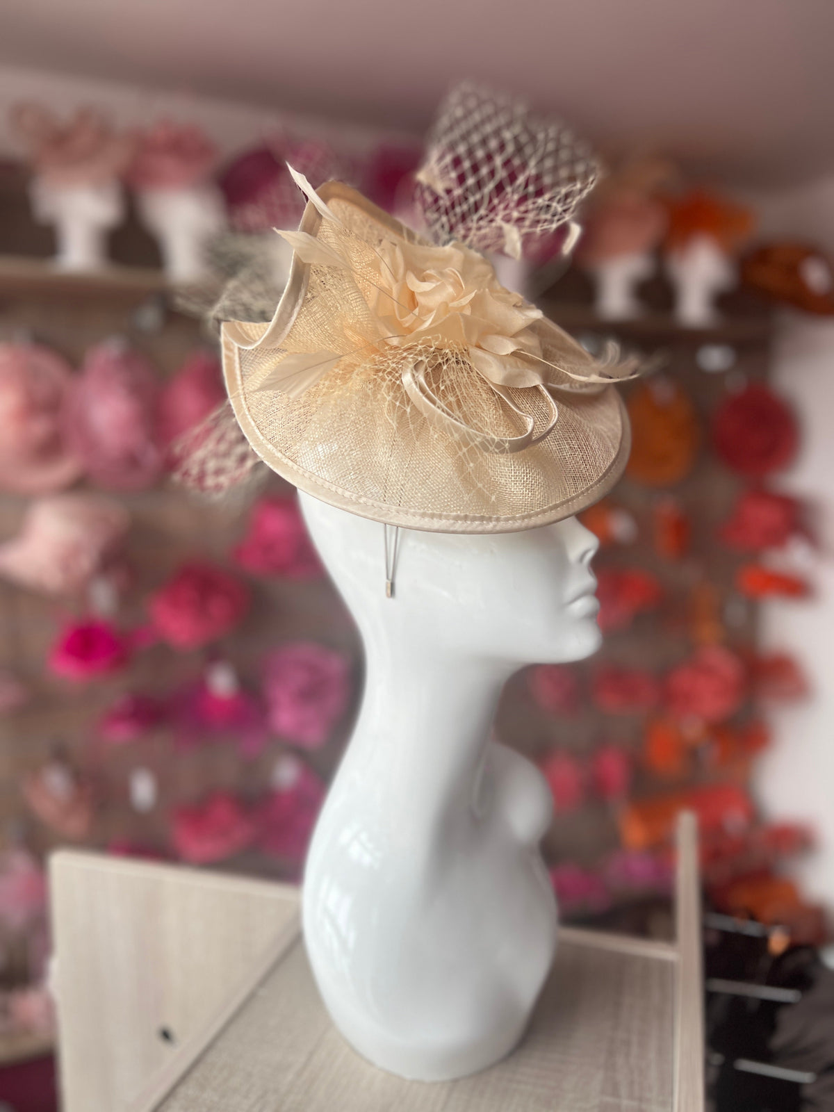 Nude Disc Fascinator with Fabric Rose &amp; Netting-Fascinators Direct