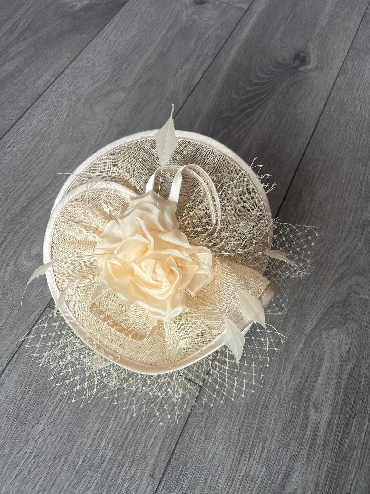 Nude Disc Fascinator with Fabric Rose &amp; Netting-Fascinators Direct