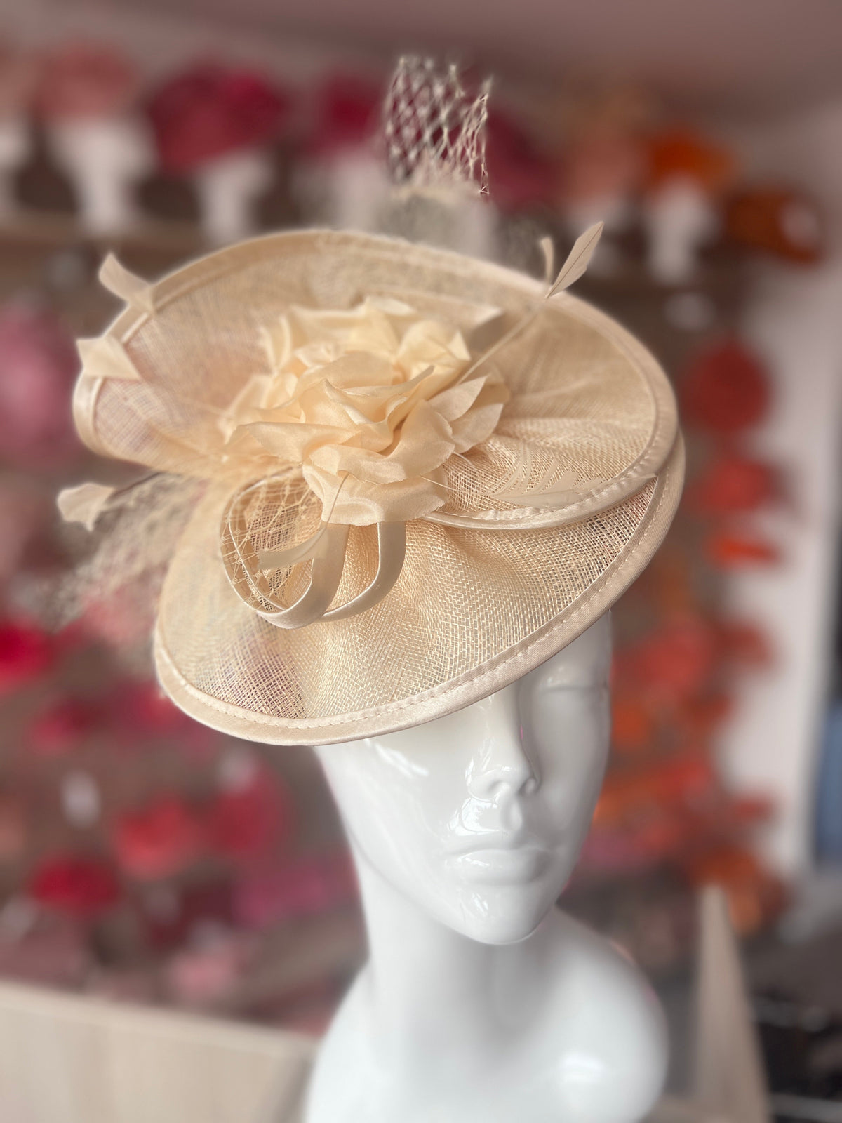 Nude Disc Fascinator with Fabric Rose &amp; Netting-Fascinators Direct
