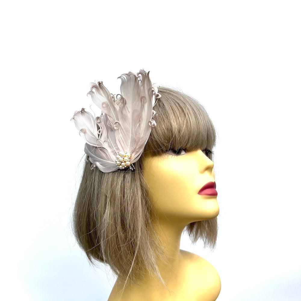 Nude Fascinator Clip with Vintage Feathers & Pearls-Fascinators Direct