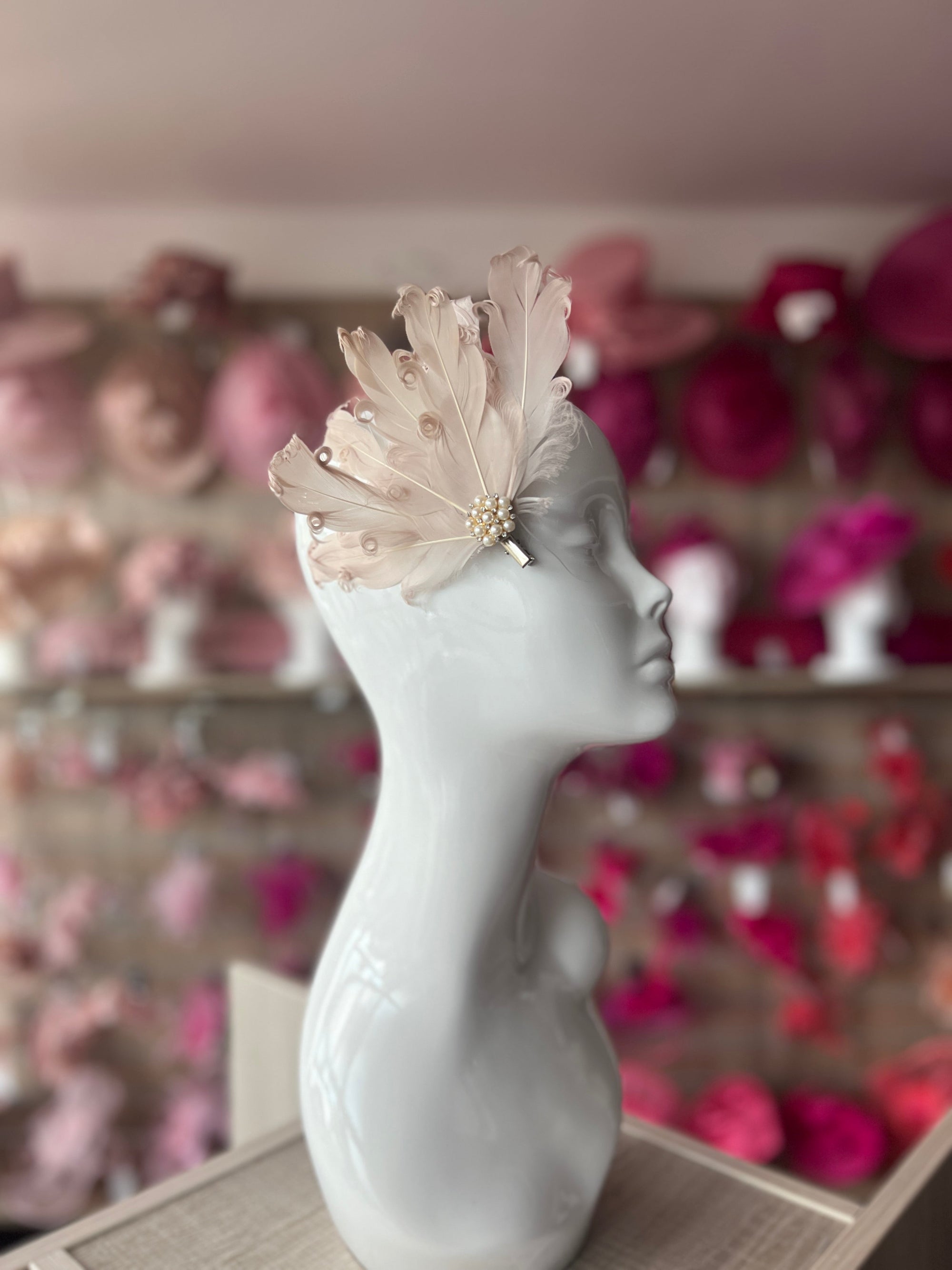 Nude Fascinator Clip with Vintage Feathers & Pearls-Fascinators Direct