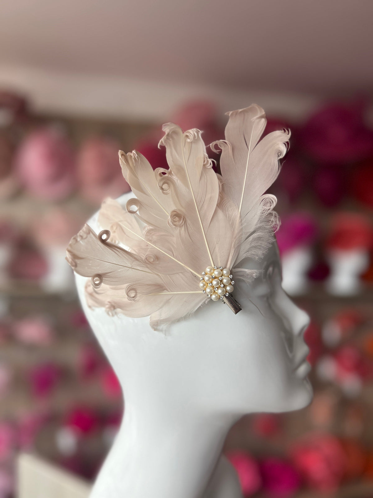 Nude Fascinator Clip with Vintage Feathers &amp; Pearls-Fascinators Direct