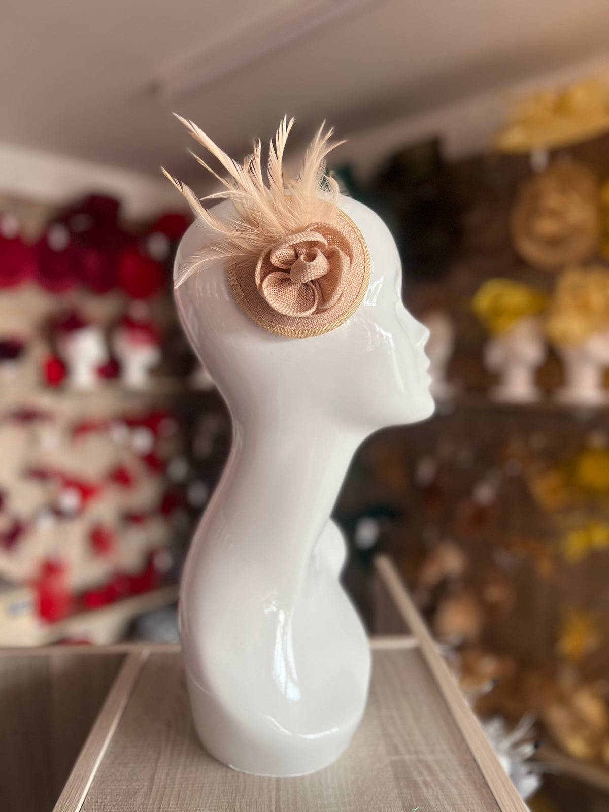 Nude Fascinator with Lily Flower &amp; Feathers-Fascinators Direct
