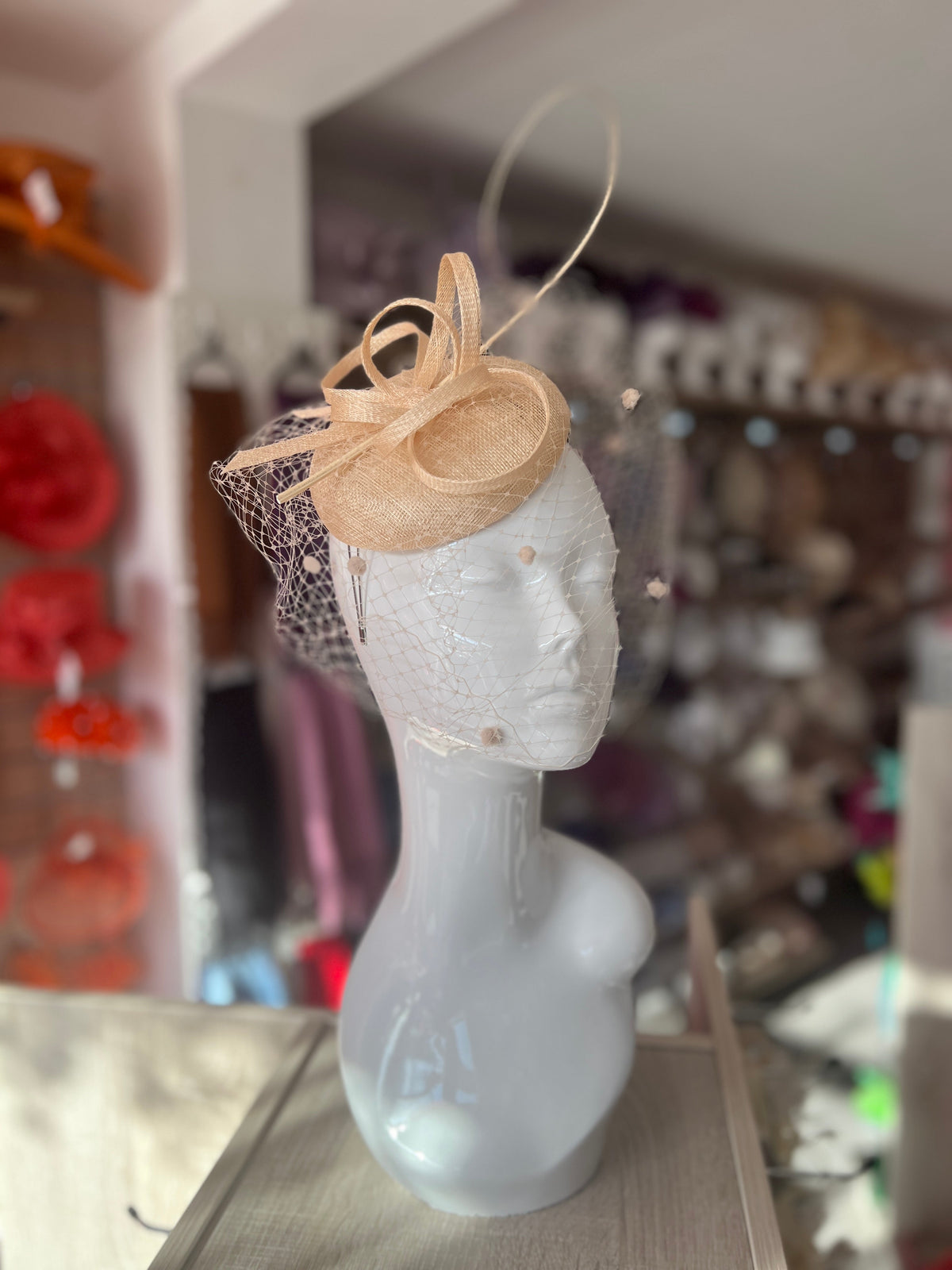 Nude Pillbox Hat with Veil &amp; Curled Quill-Fascinators Direct