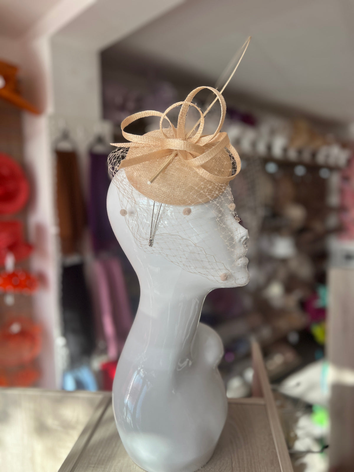 Nude Pillbox Hat with Veil &amp; Curled Quill-Fascinators Direct
