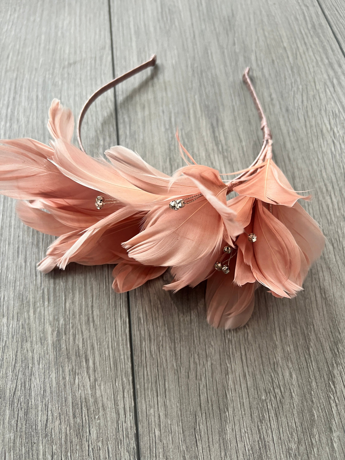 Nude Pink Fascinator Headband with Feather Petals &amp; Diamanté-Fascinators Direct