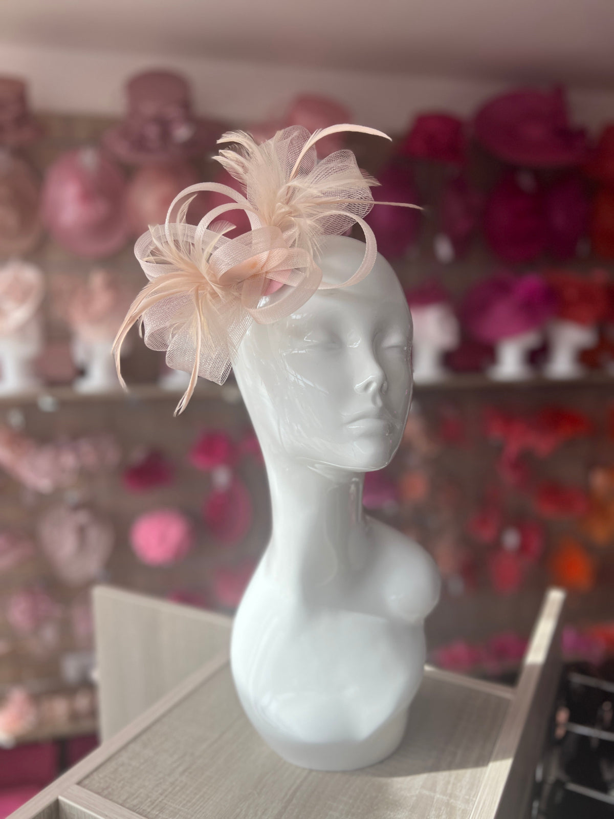 Nude Pink Loop Bow Fascinator With Feathers-Fascinators Direct