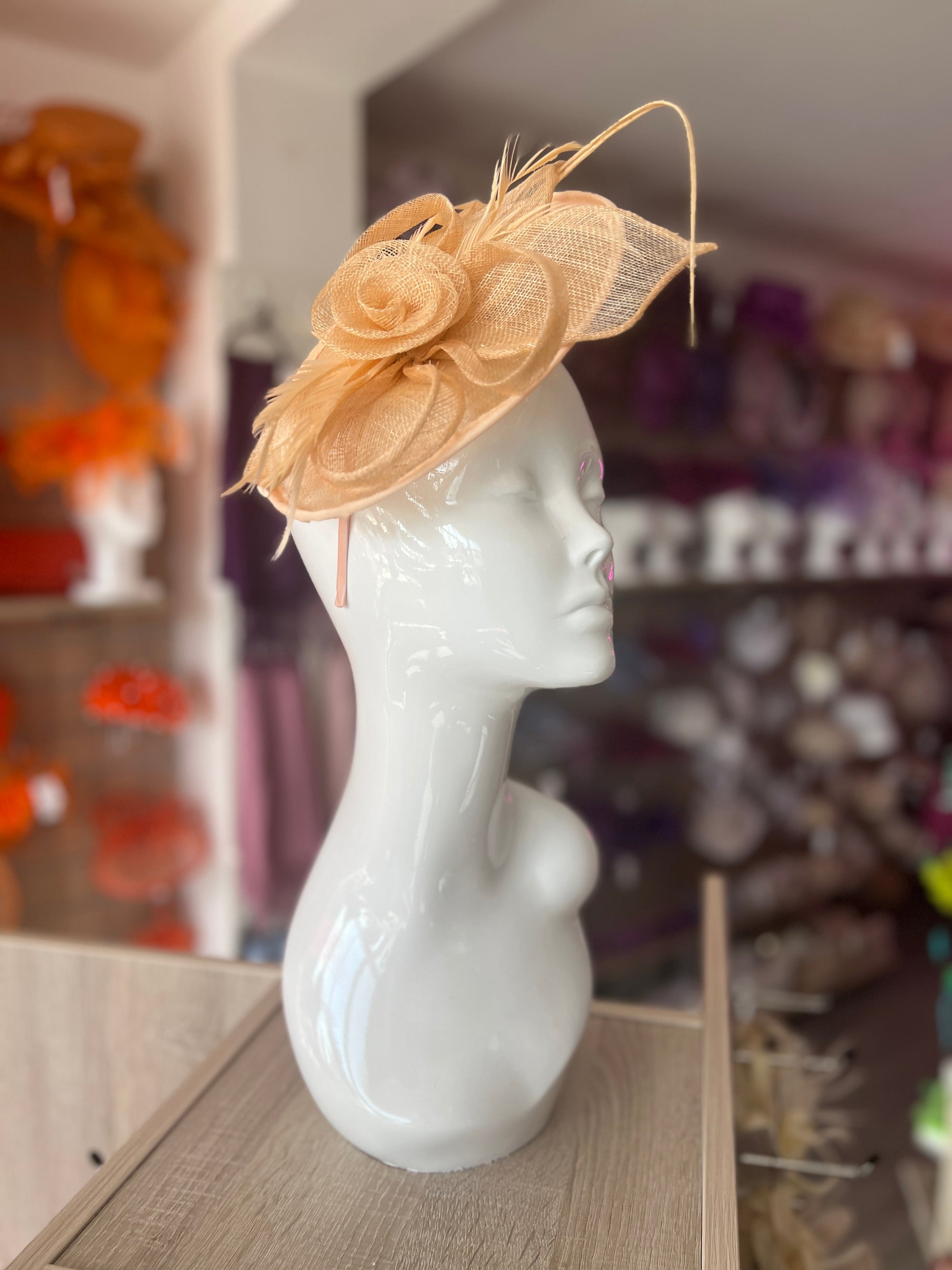 Nude Saucer Fascinator With Flower & Quill-Fascinators Direct