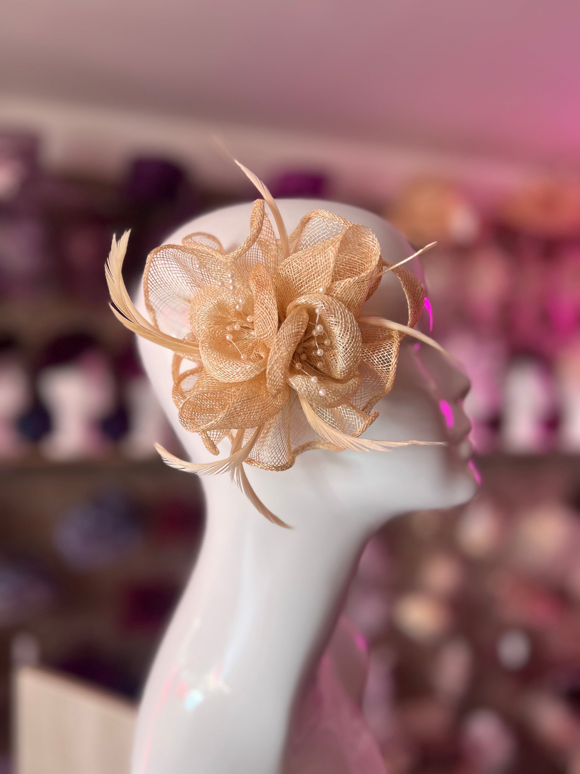 Nude Small Fascinator With Decorative Beads & Feathers-Fascinators Direct