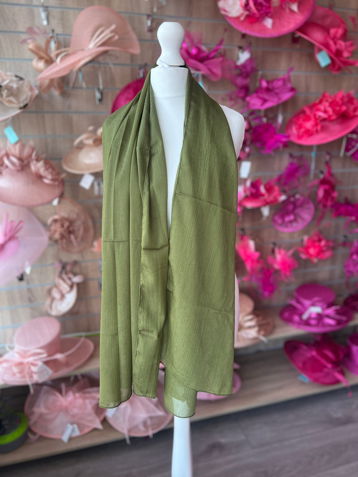 Olive Chiffon Scarf With Silver Shimmer-Fascinators Direct