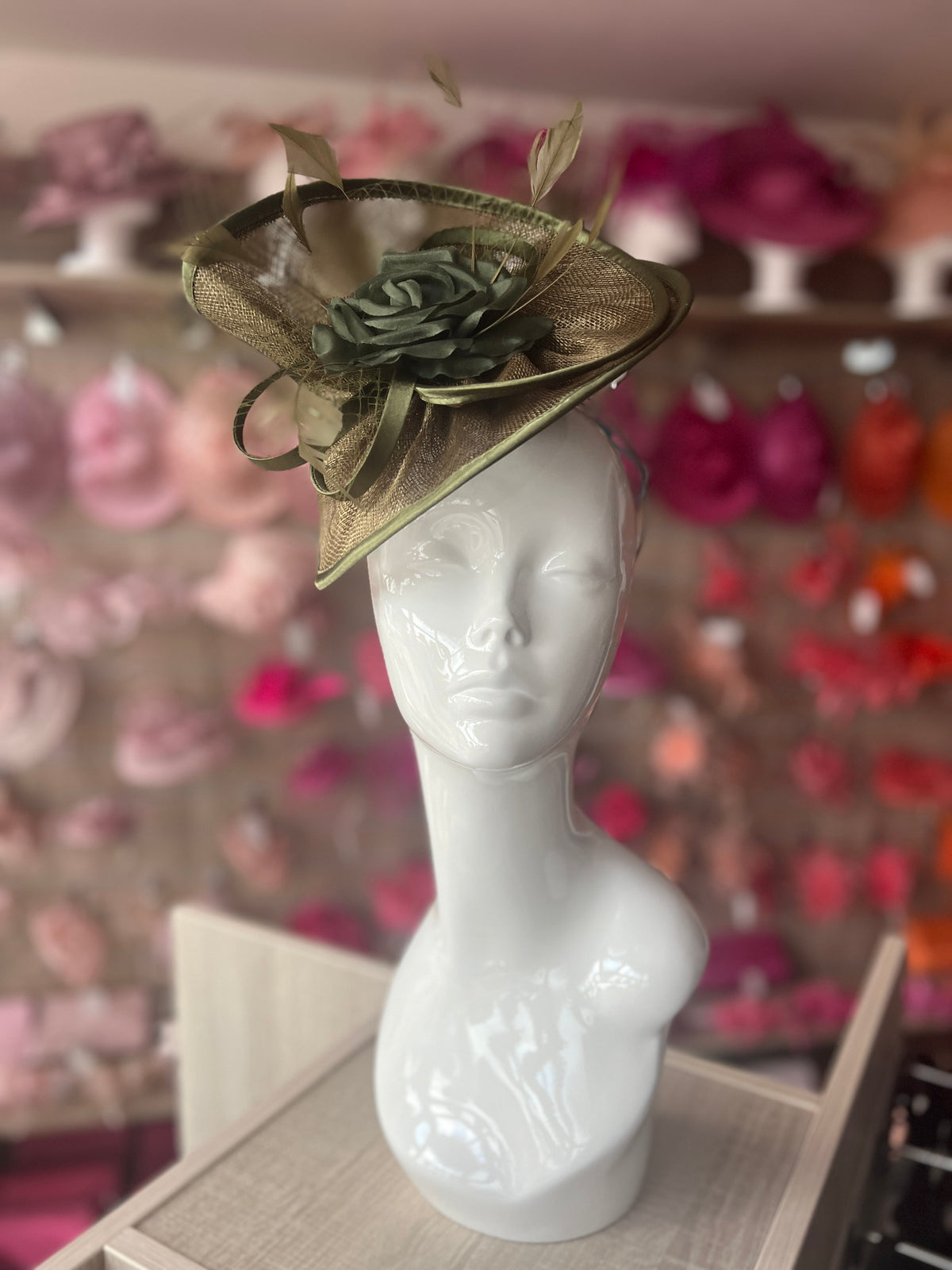 Olive Disc Fascinator with Fabric Rose &amp; Netting-Fascinators Direct