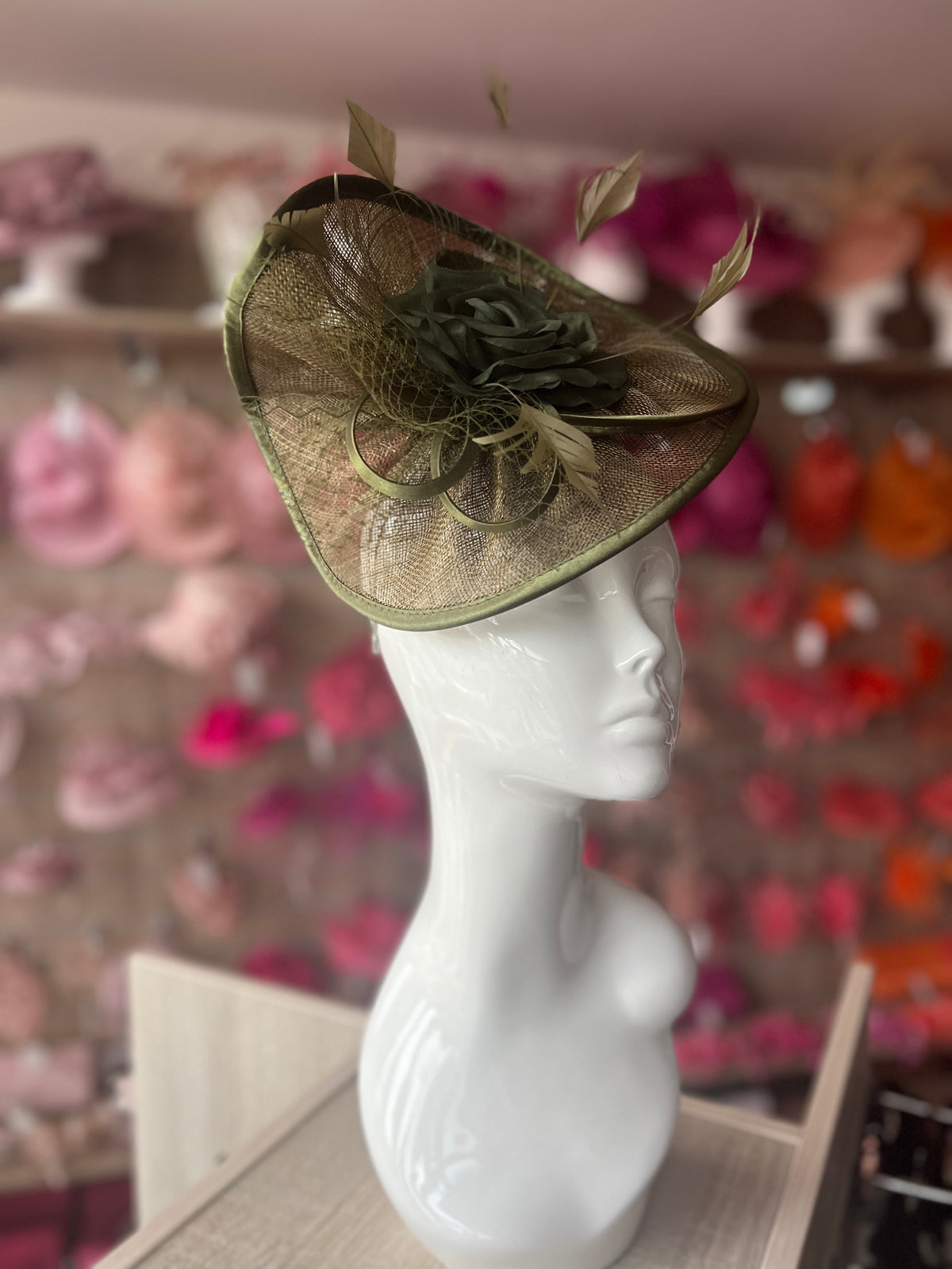 Olive Disc Fascinator with Fabric Rose &amp; Netting-Fascinators Direct