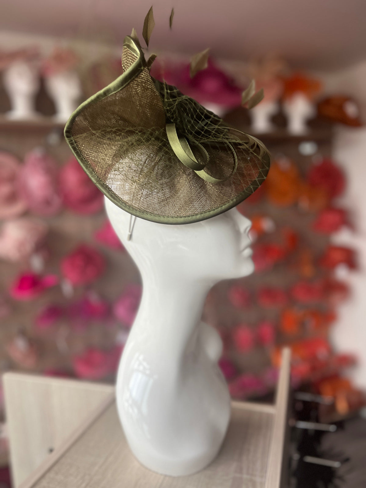 Olive Disc Fascinator with Fabric Rose &amp; Netting-Fascinators Direct