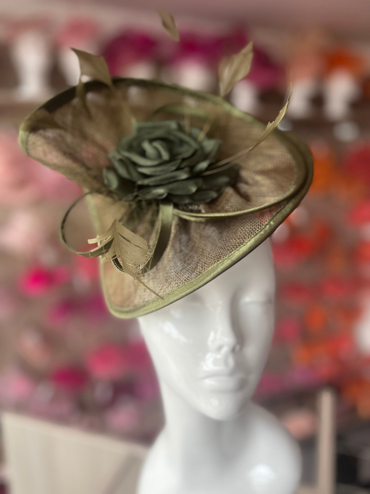 Olive Disc Fascinator with Fabric Rose &amp; Netting-Fascinators Direct