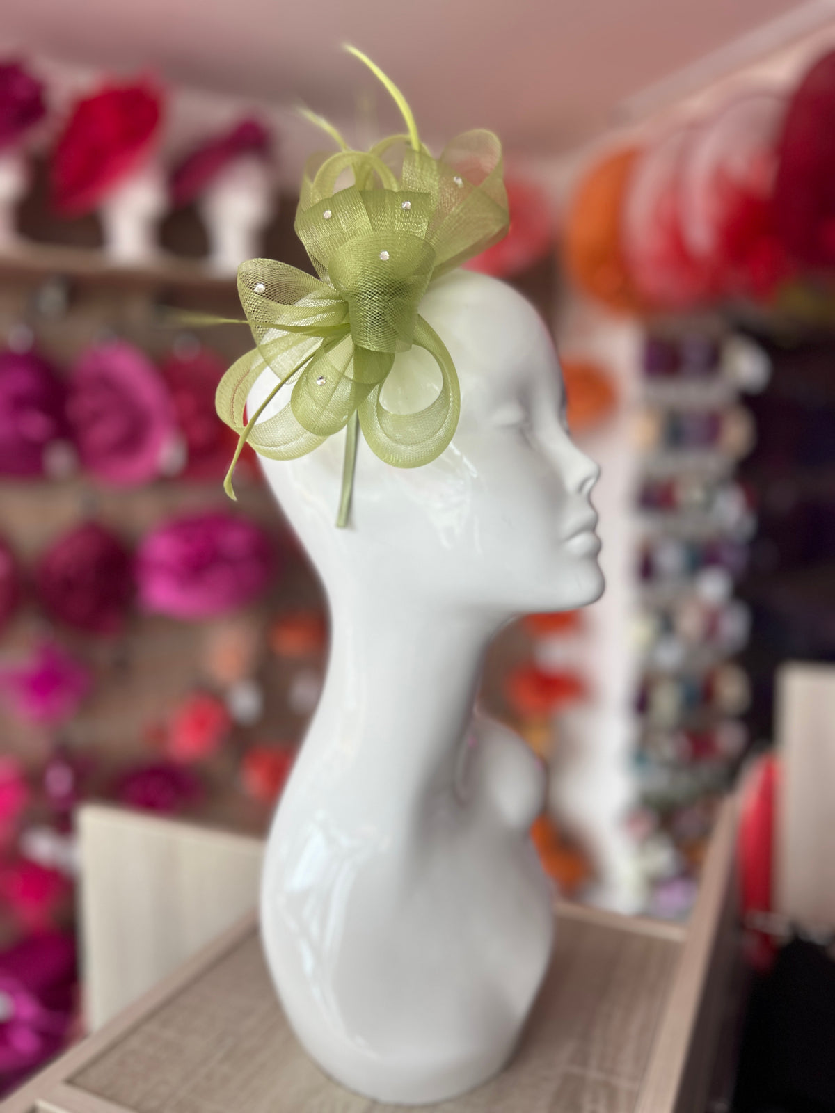 Olive Green Diamanté Loop Bow Fascinator-Fascinators Direct