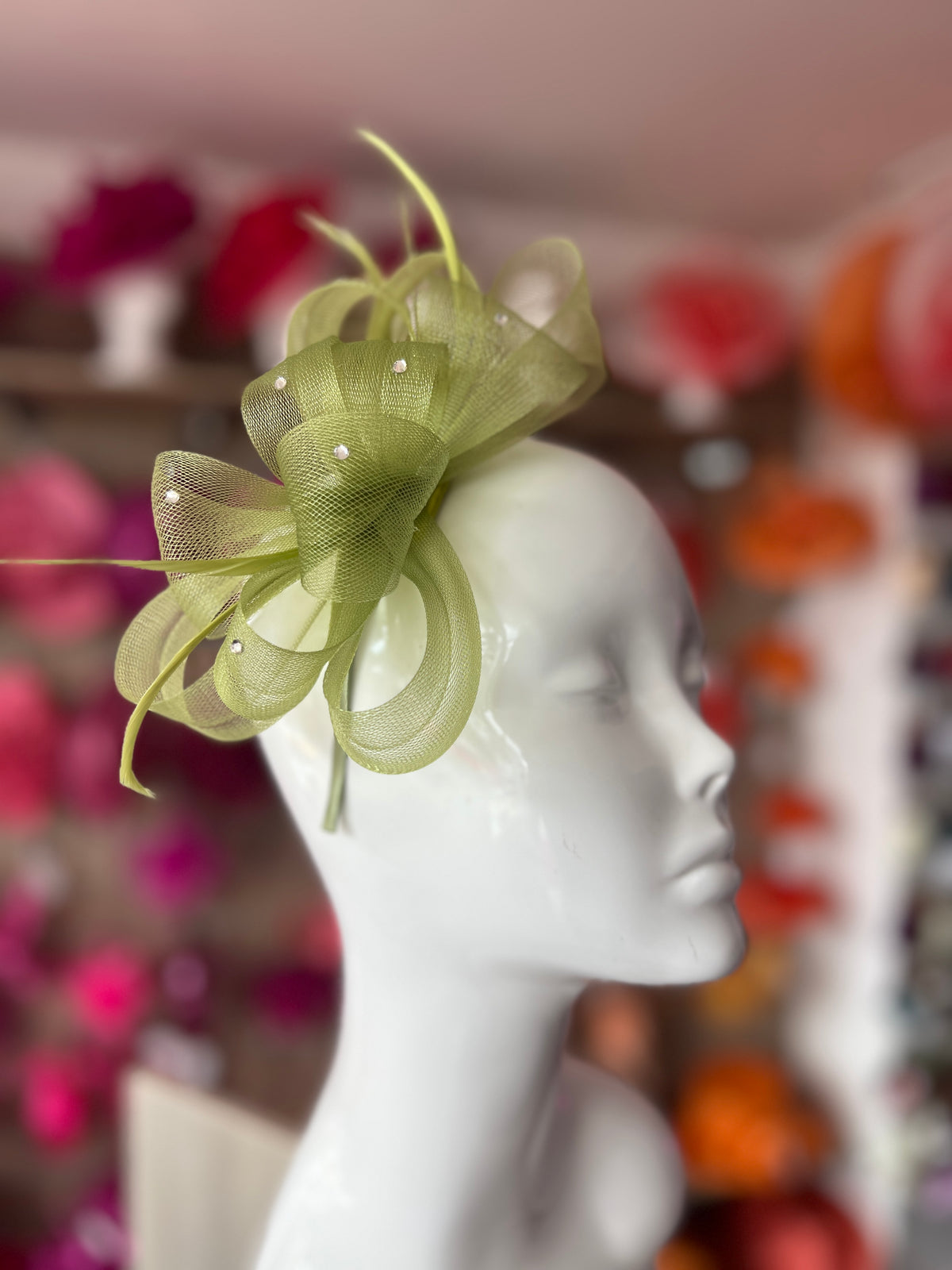 Olive Green Diamanté Loop Bow Fascinator-Fascinators Direct