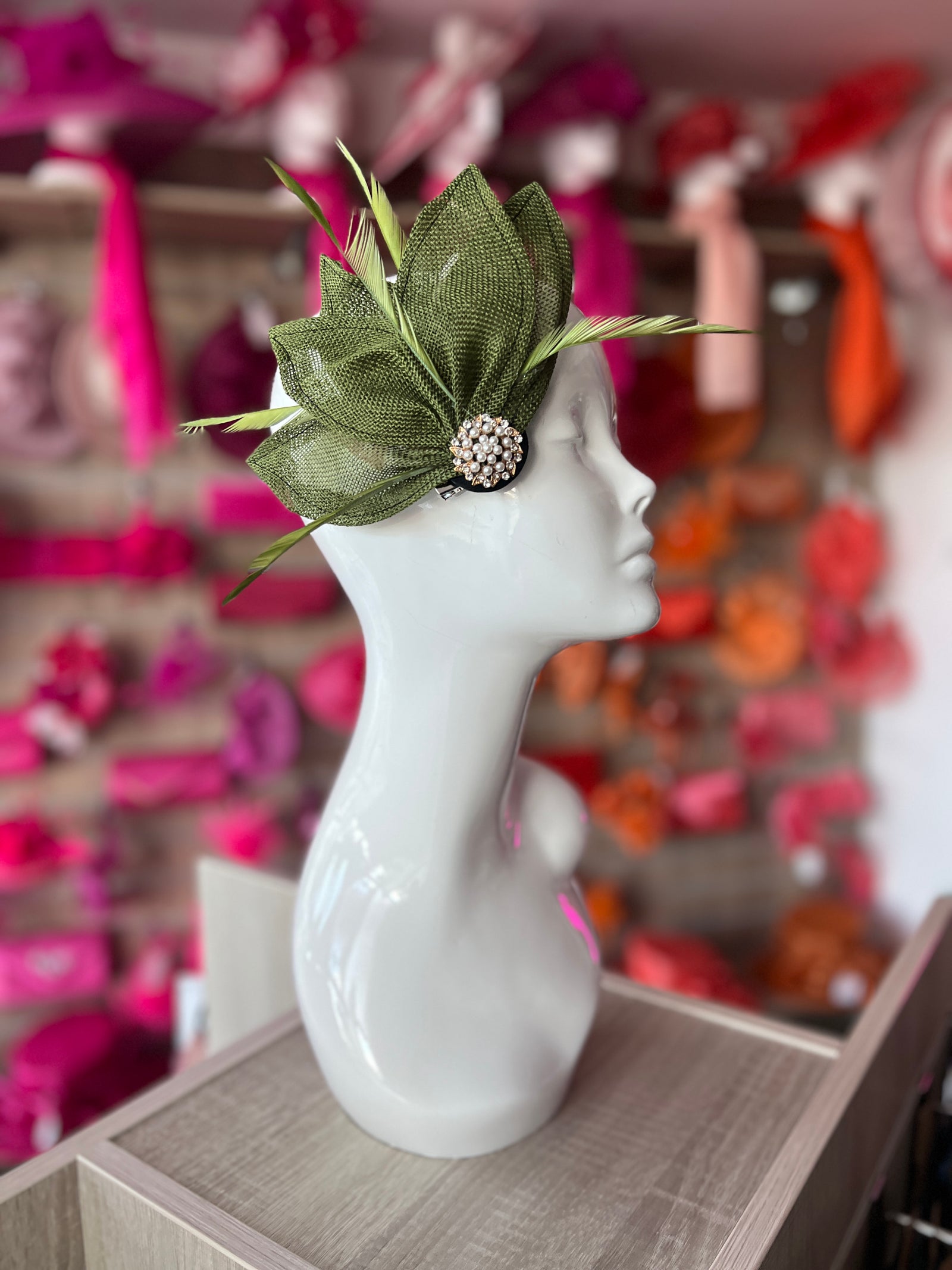 Olive Green Feather Petal Fan Hair Clip Fascinator-Fascinators Direct