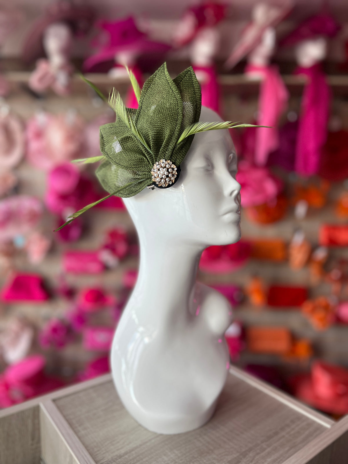 Olive Green Feather Petal Fan Hair Clip Fascinator-Fascinators Direct