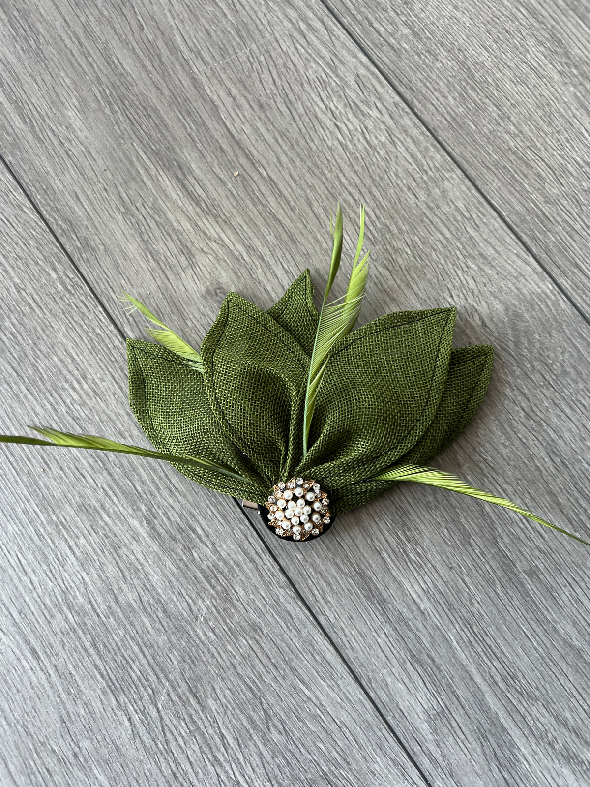 Olive Green Feather Petal Fan Hair Clip Fascinator-Fascinators Direct