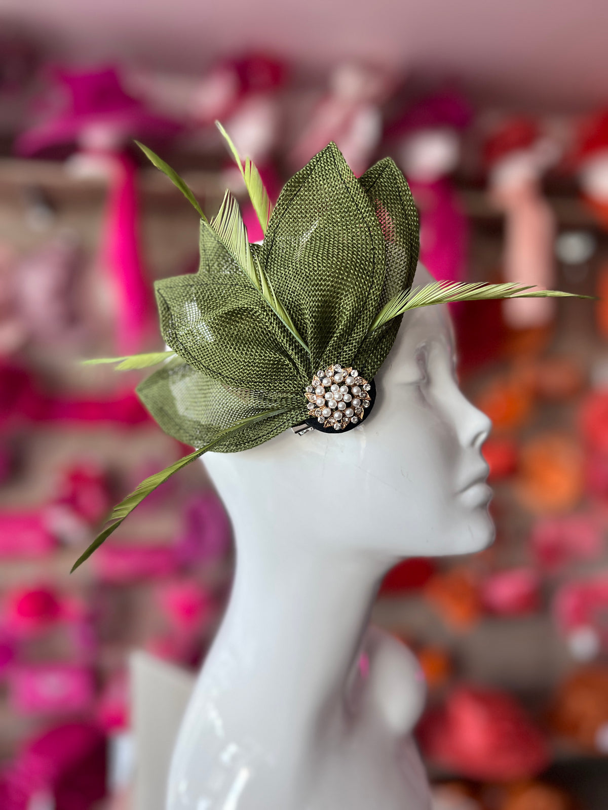 Olive Green Feather Petal Fan Hair Clip Fascinator-Fascinators Direct