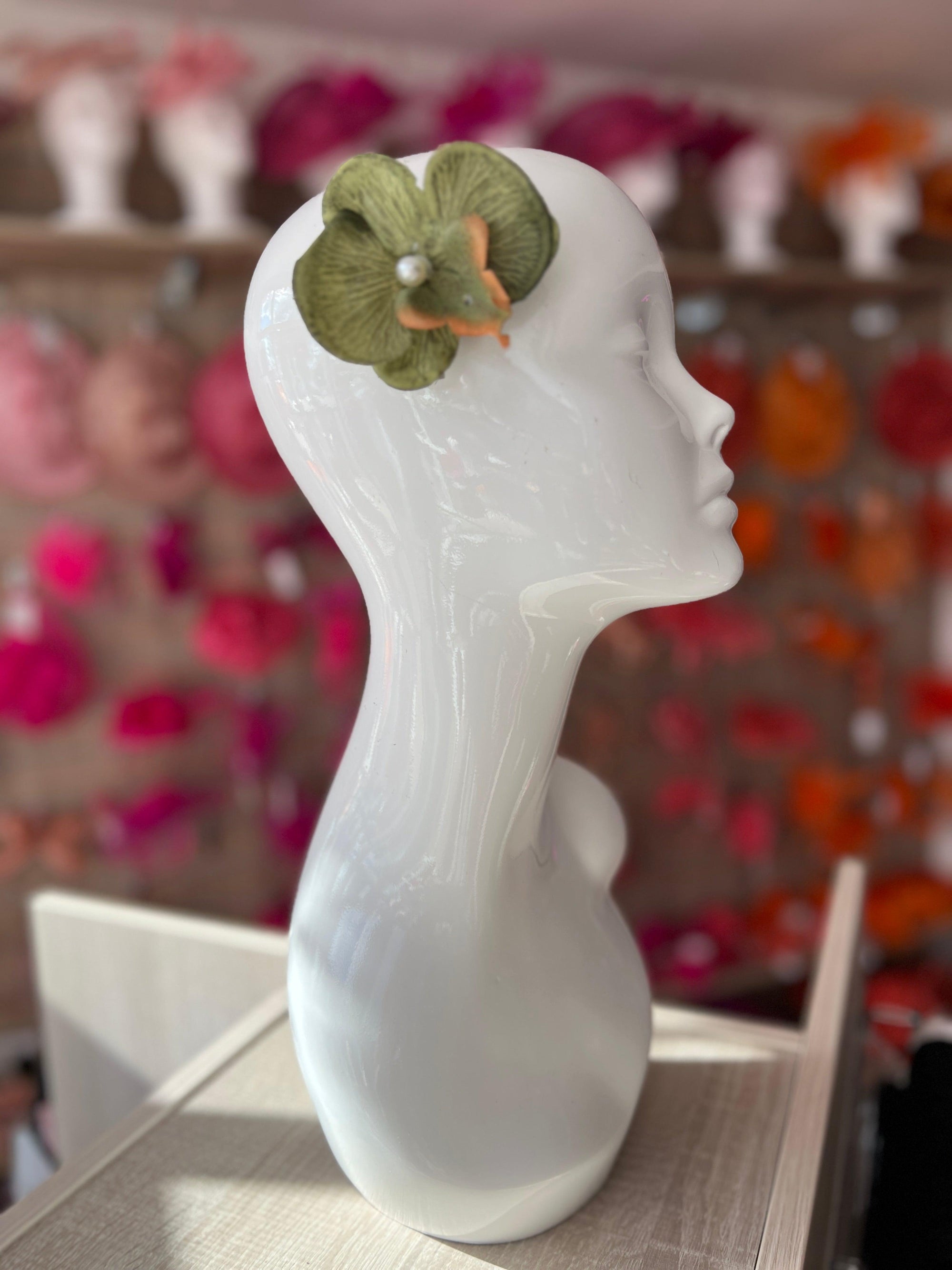 Olive Green Orchid Hair Clip-Fascinators Direct