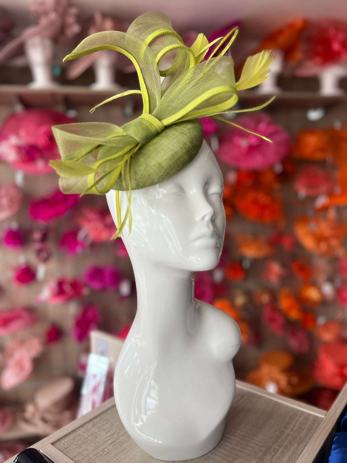 Olive Green Pill Box Bow Feather Fascinator-Fascinators Direct